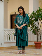 Elegant Straight Kurti Pant Dupatta Set of Teal