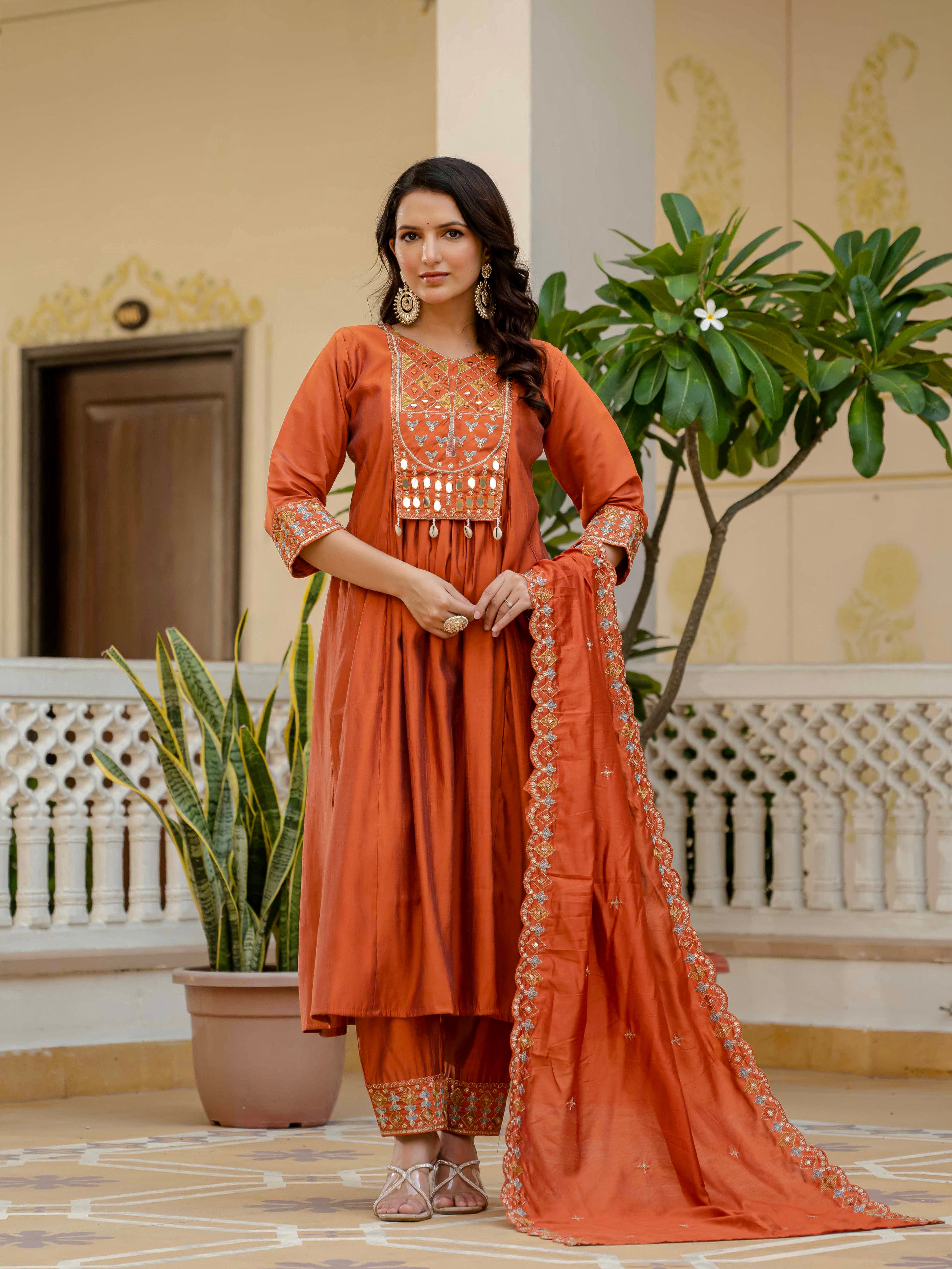 Elegant Straight Anarkali Kurta Set KADV-126- Orange