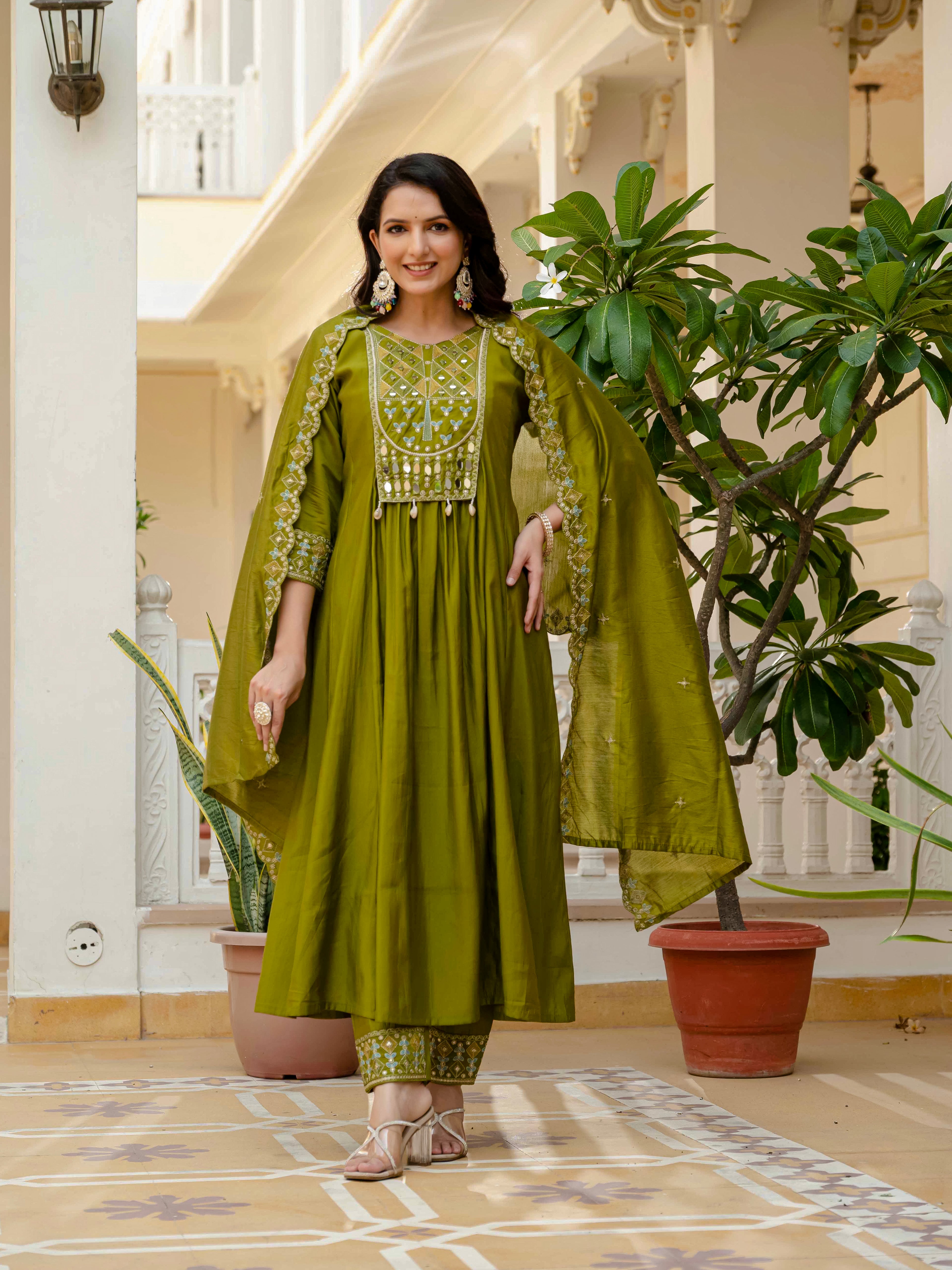 Elegant Straight Anarkali Kurta Set KADV-126- Mahendi