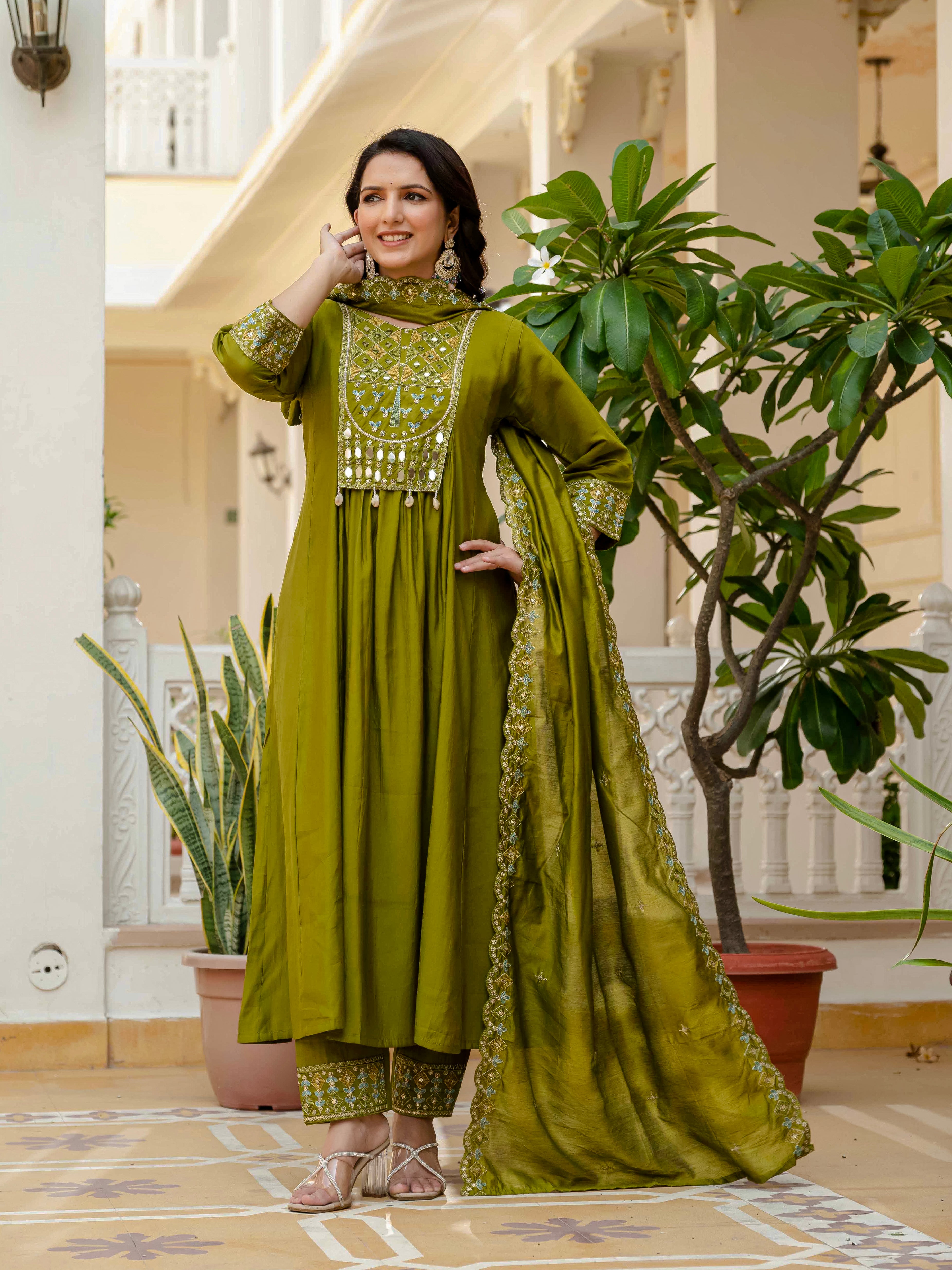 Elegant Straight Anarkali Kurta Set KADV-126- Mahendi