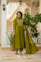 Elegant Straight Anarkali Kurta Set KADV-126- Mahendi Kalikar