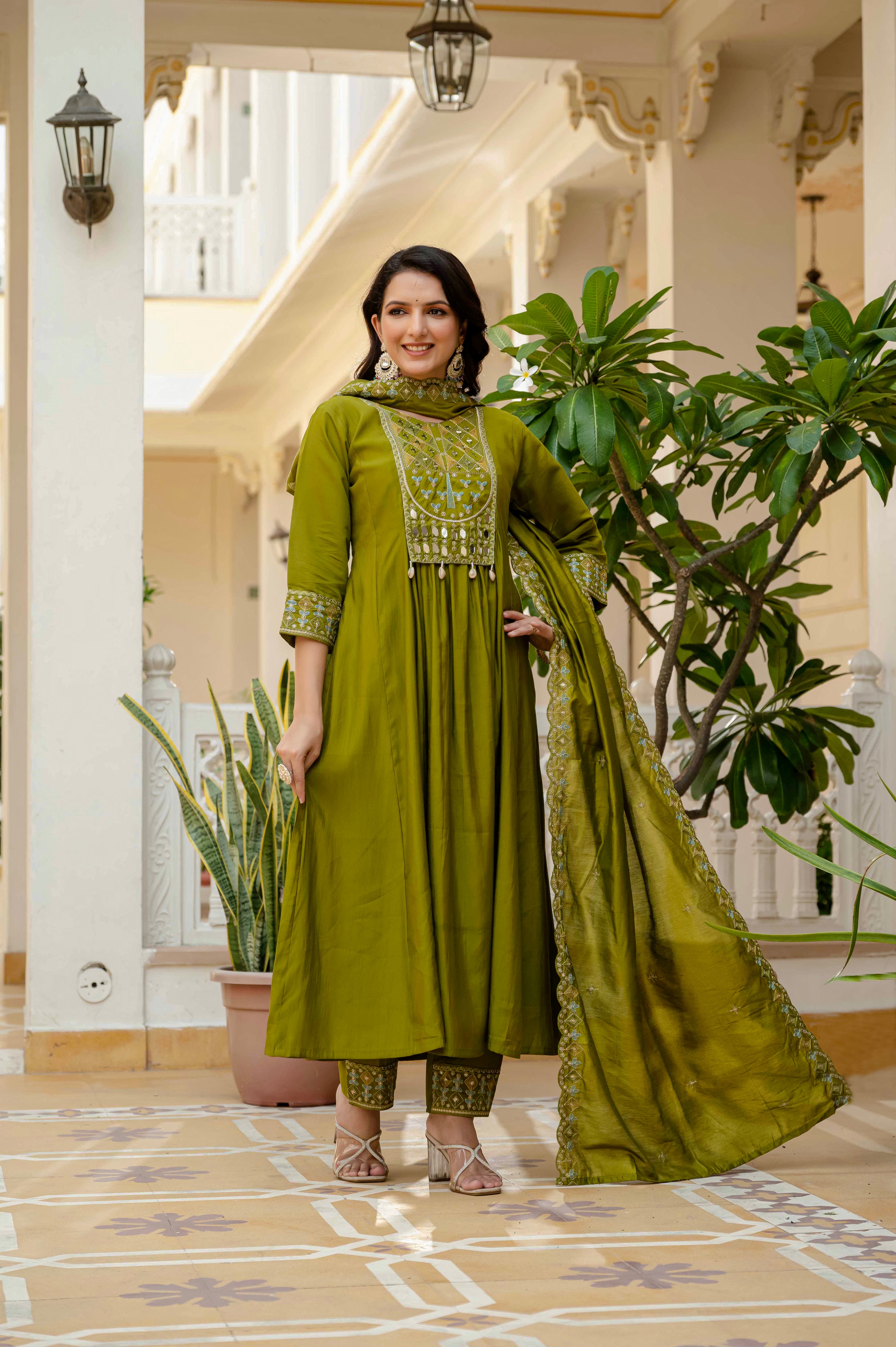 Elegant Straight Anarkali Kurta Set KADV-126- Mahendi