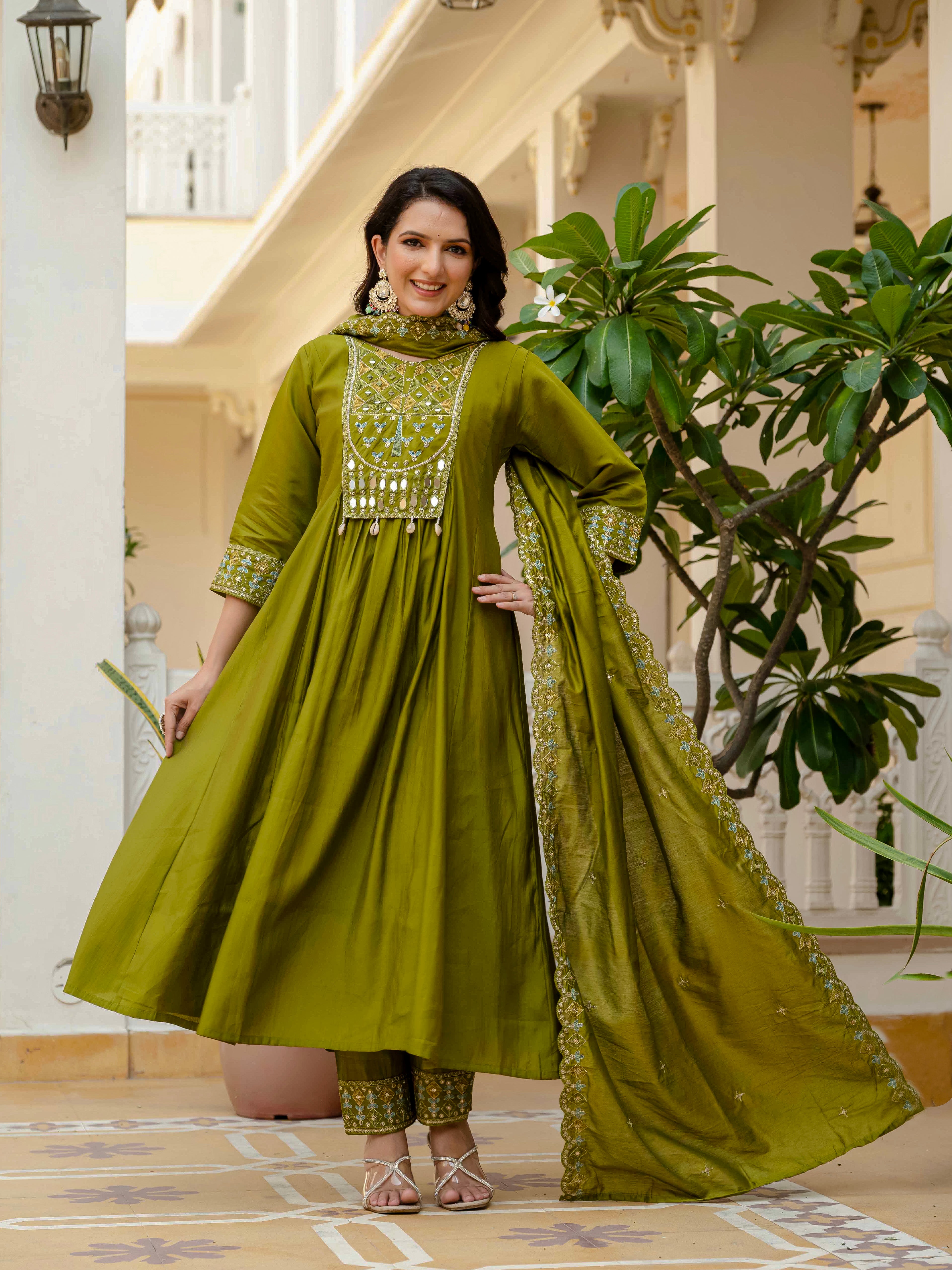 Elegant Straight Anarkali Kurta Set KADV-126- Mahendi