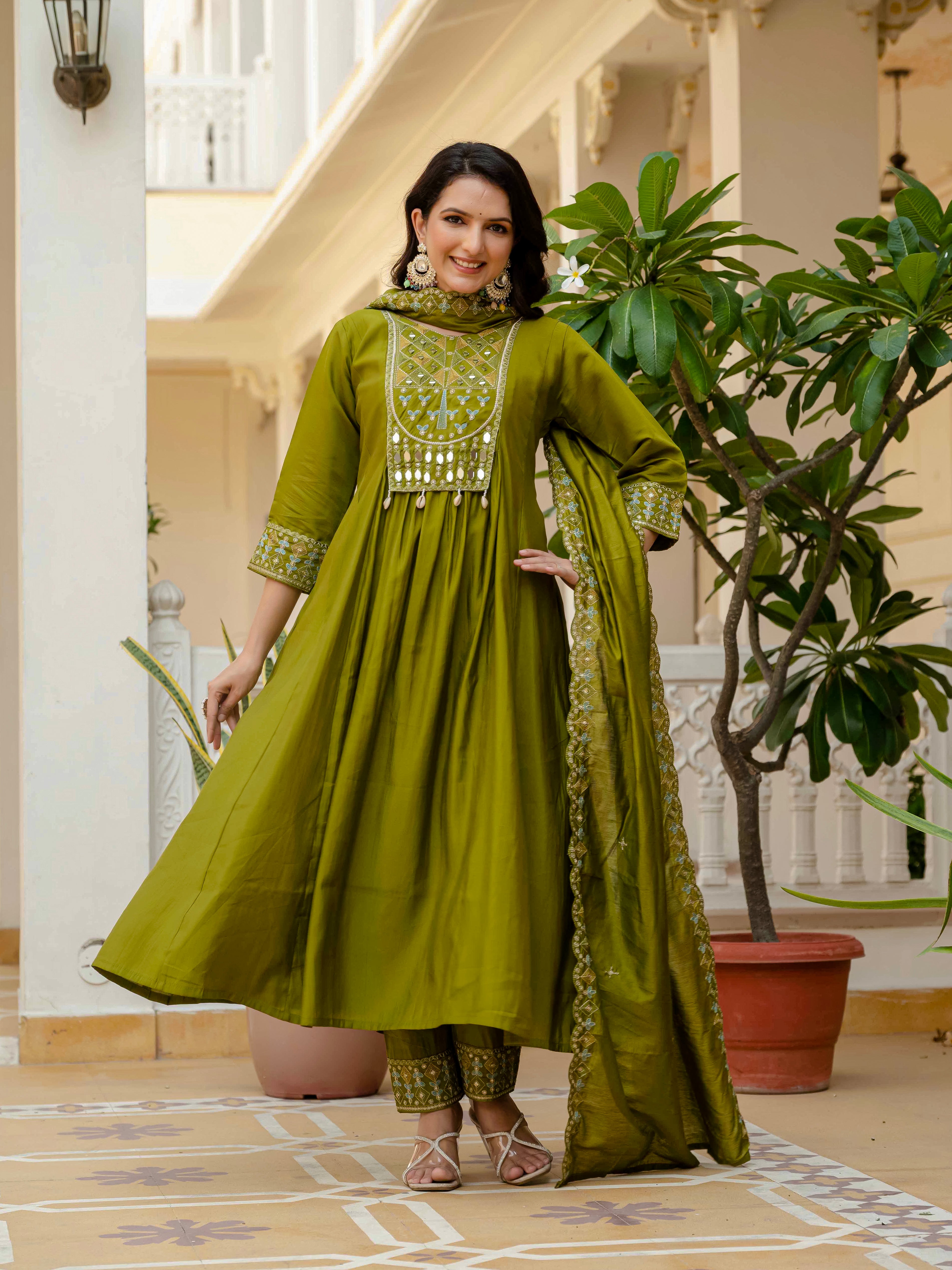 Elegant Straight Anarkali Kurta Set KADV-126- Mahendi