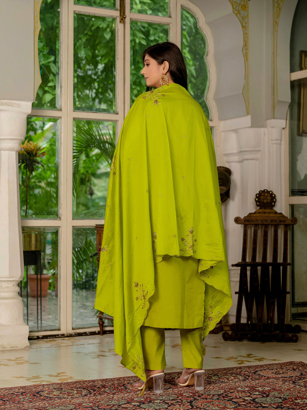 Elegant Straight Kurti Pant Dupatta Set KADV-116 - Parrot Green Kalikar