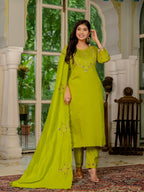 Elegant Straight Kurti Pant Dupatta Set KADV-116 - Parrot Green Kalikar