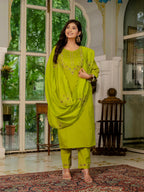 Elegant Straight Kurti Pant Dupatta Set KADV-116 - Parrot Green Kalikar