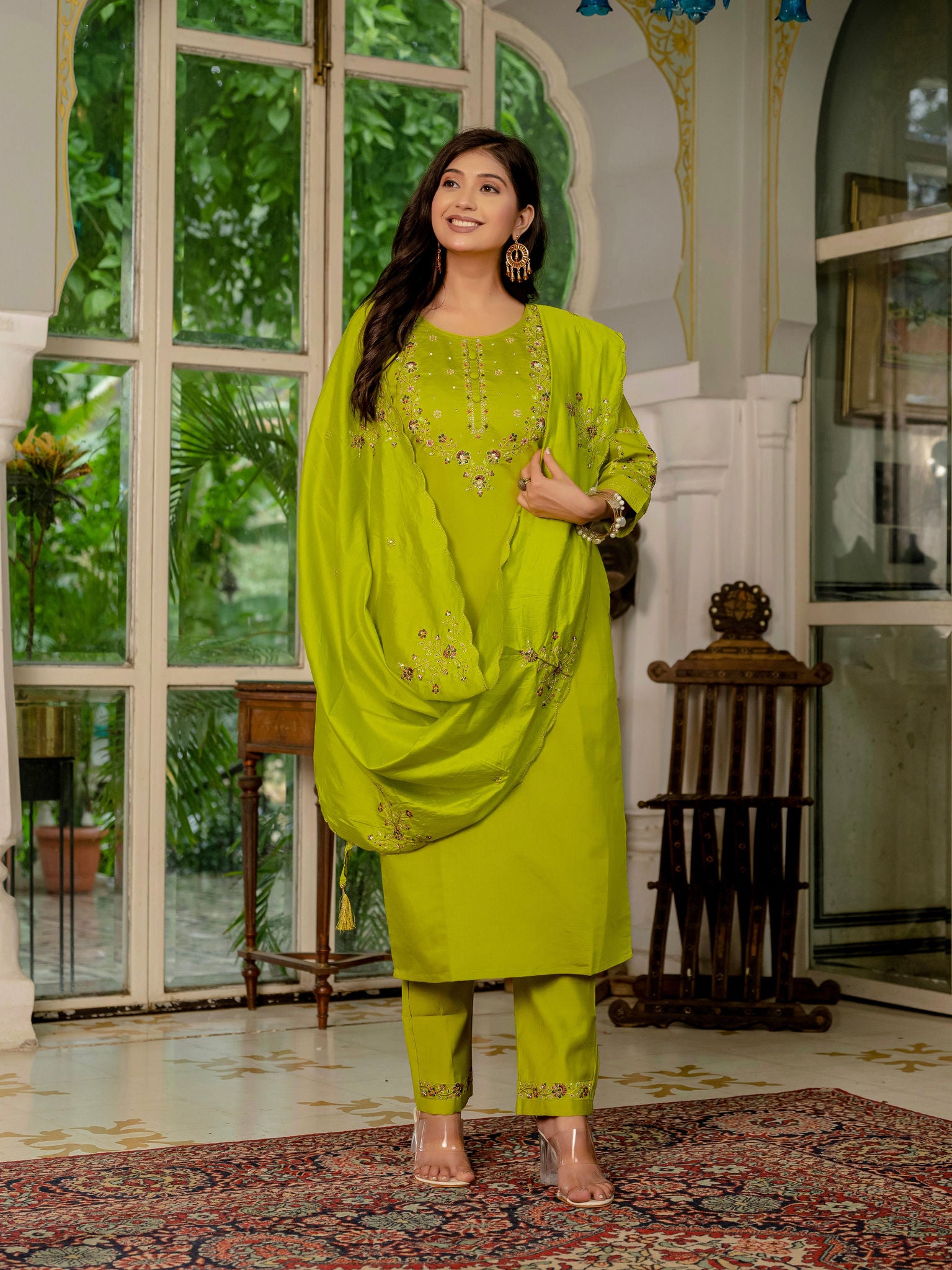 Elegant Straight Kurti Pant Dupatta Set KADV-116 - Parrot Green Kalikar