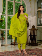 Elegant Straight Kurti Pant Dupatta Set KADV-116 - Parrot Green Kalikar