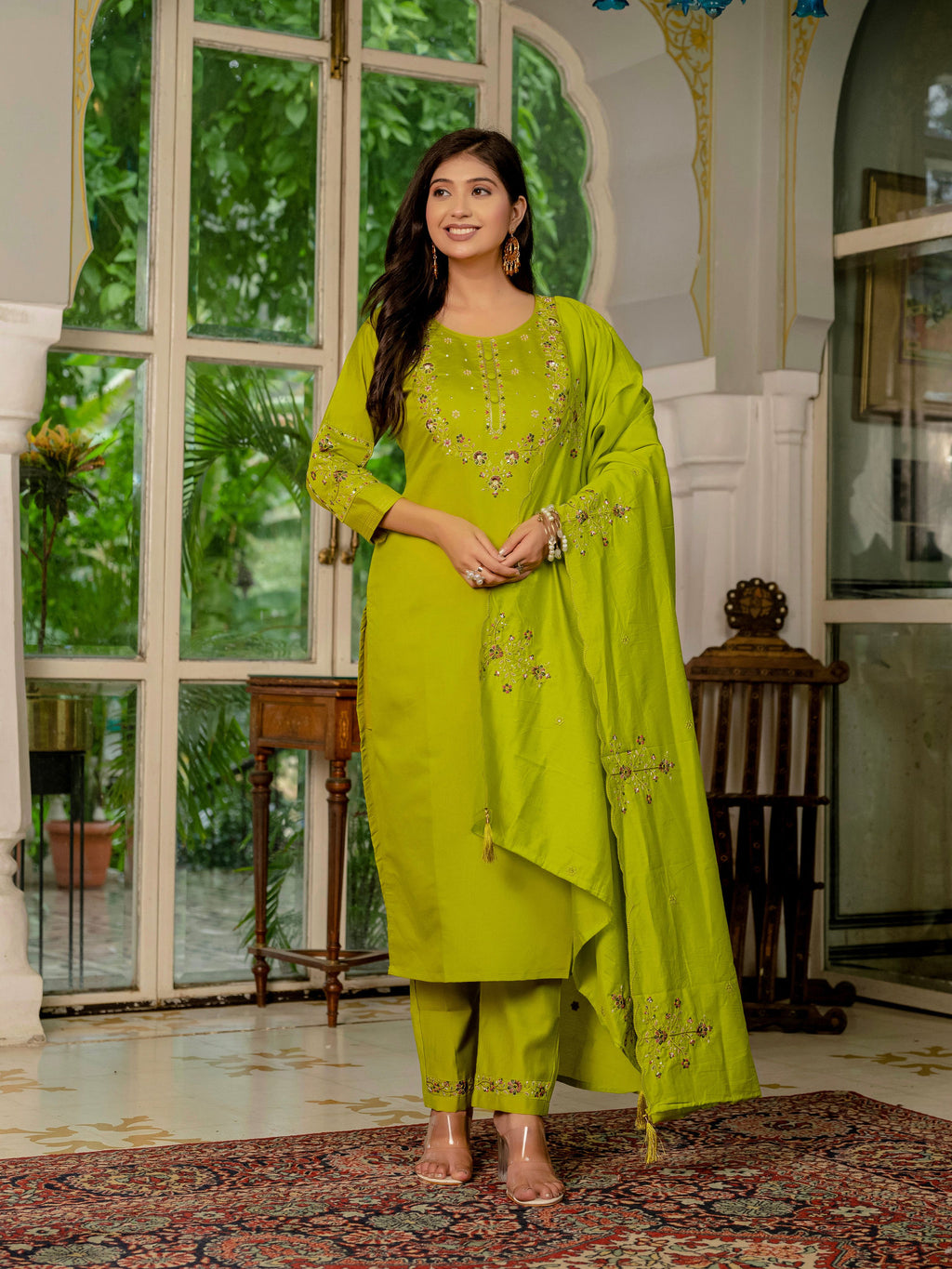 Elegant Straight Kurti Pant Dupatta Set KADV-116 - Parrot Green Kalikar