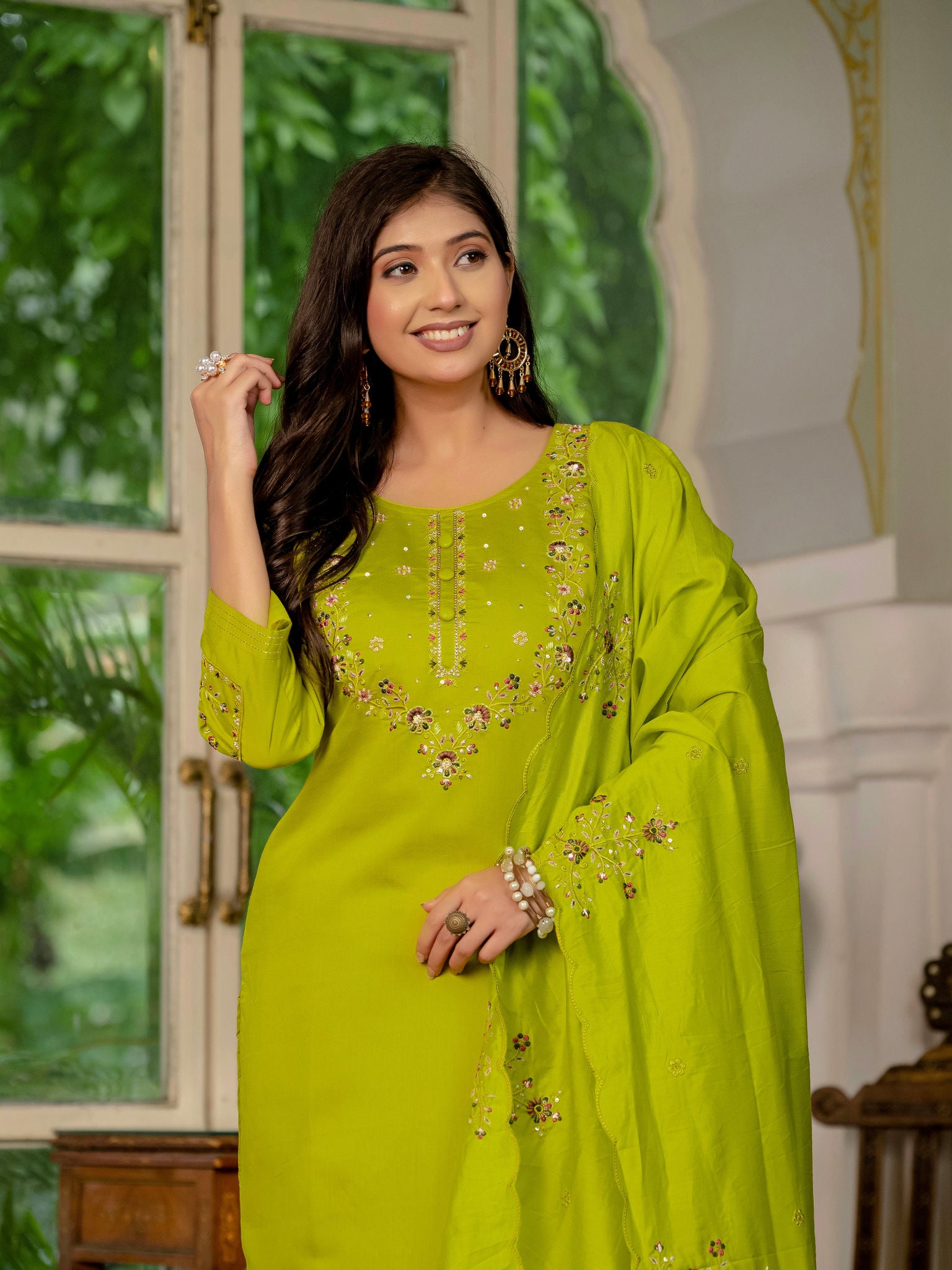 Elegant Straight Kurti Pant Dupatta Set KADV-116 - Parrot Green Kalikar