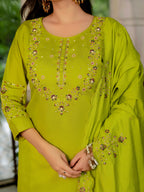 Elegant Straight Kurti Pant Dupatta Set KADV-116 - Parrot Green Kalikar