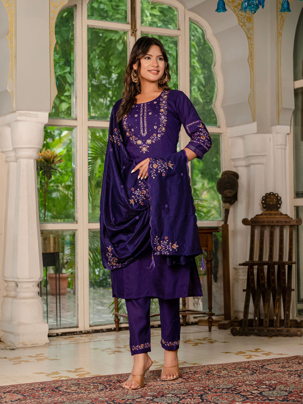 Elegant Straight Kurti Pant Dupatta Set KADV-116 - Violet Kalikar