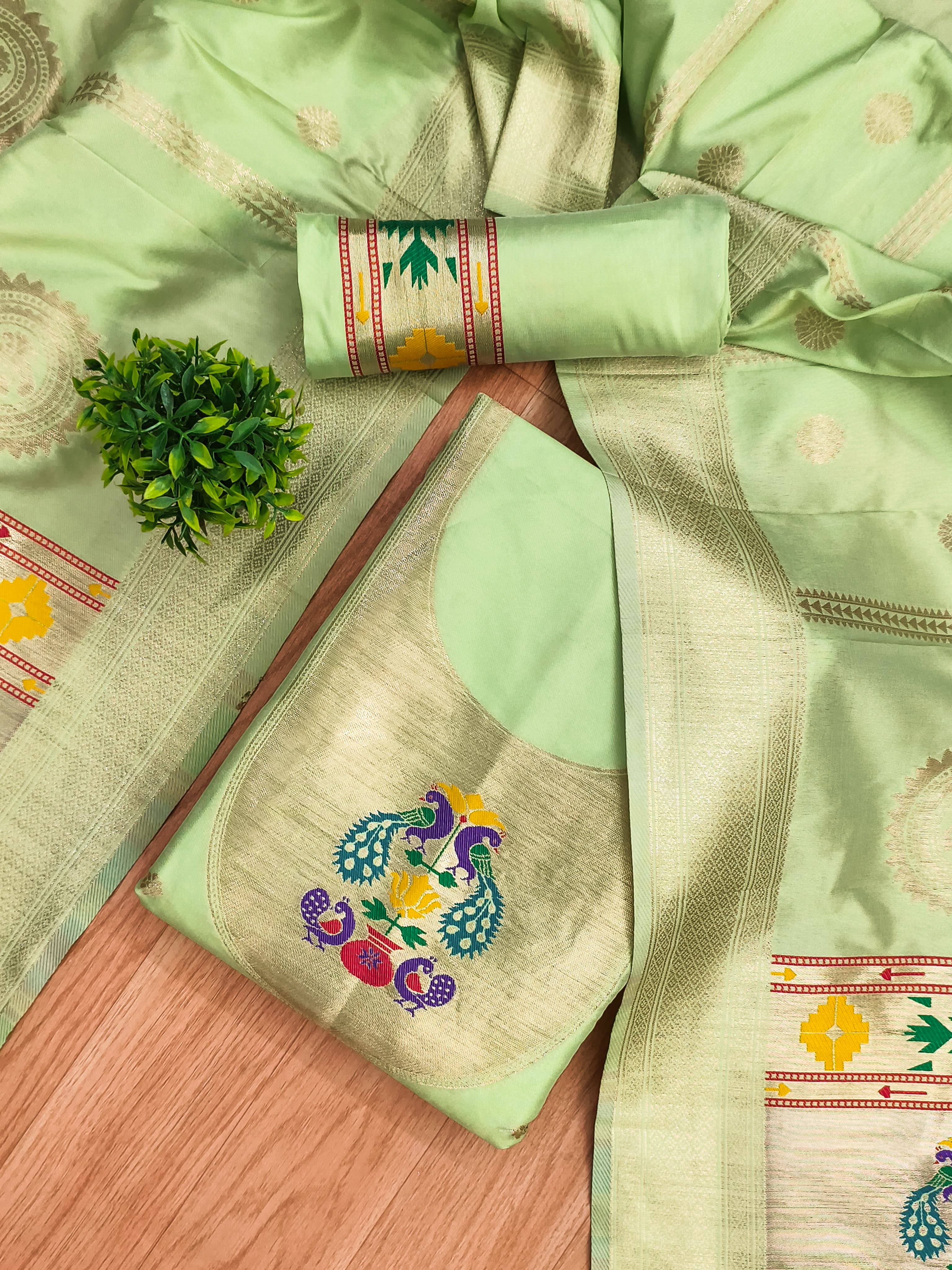 Pista Green Color Paithani woven Pattern Top, Bottom & Dupatta Dress Material