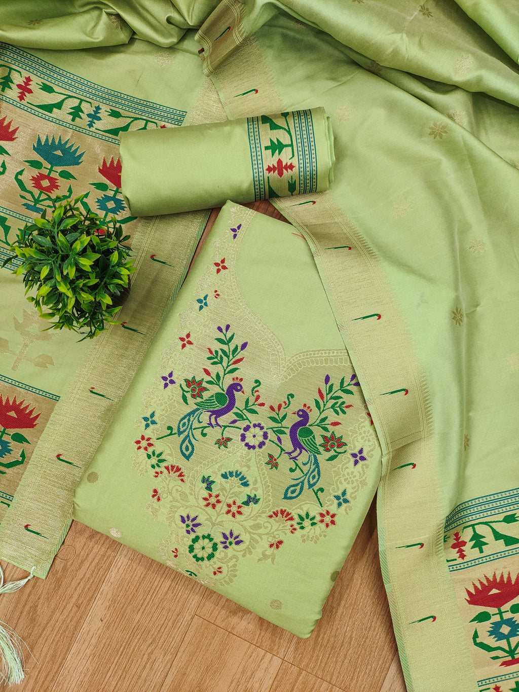 Pista Green Color Paithani woven Pattern Top, Bottom & Dupatta Dress Material