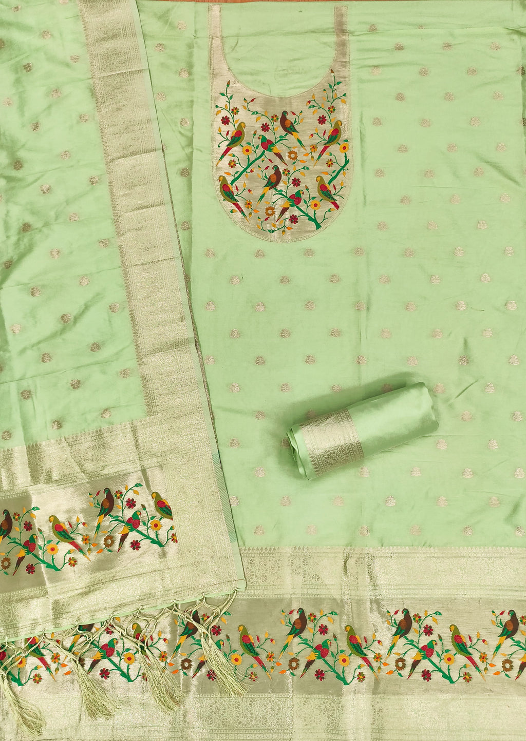 Pista Green Color Paithani woven Pattern Top, Bottom & Dupatta Dress Material