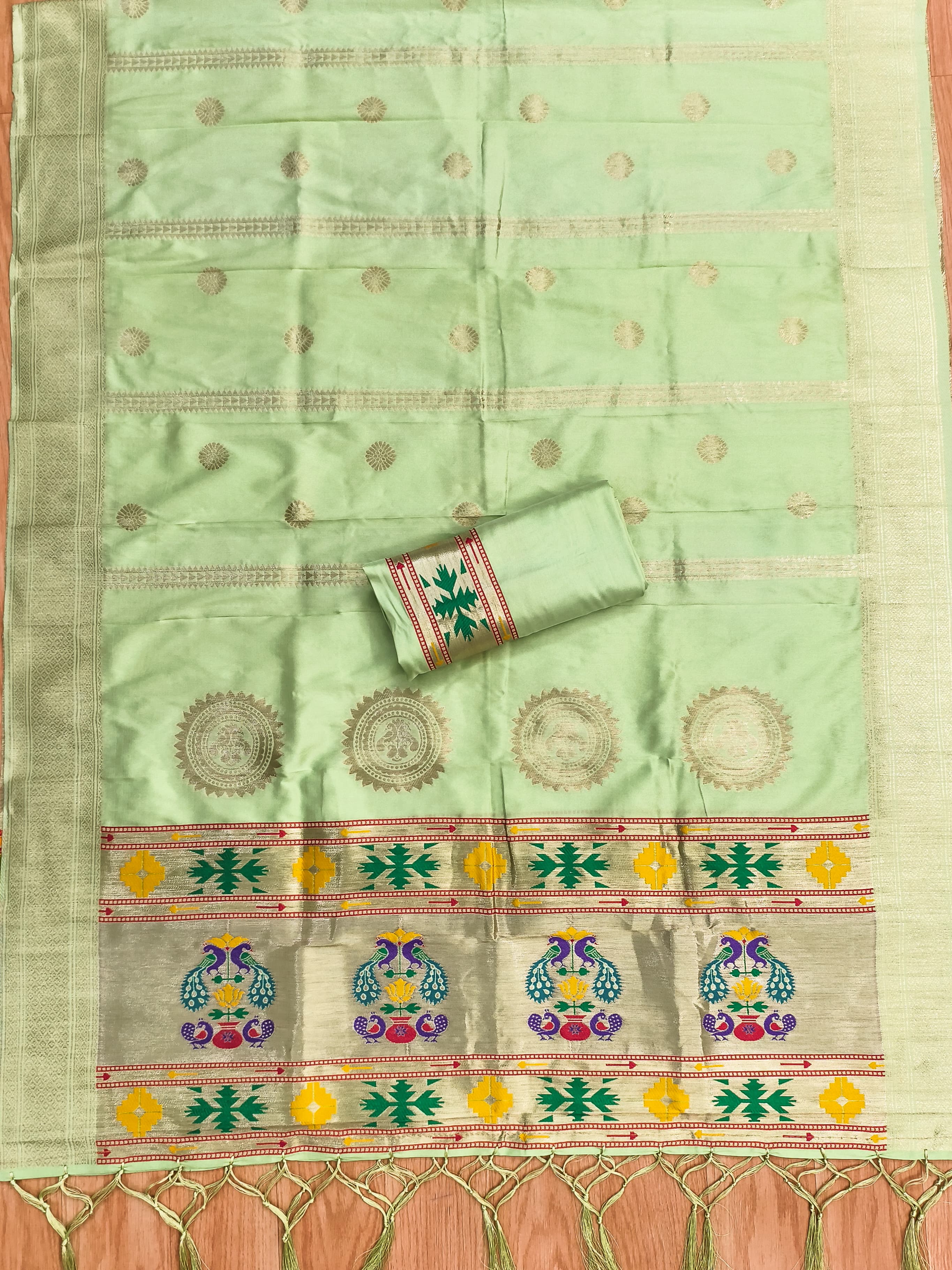 Pista Green Color Paithani woven Pattern Top, Bottom & Dupatta Dress Material