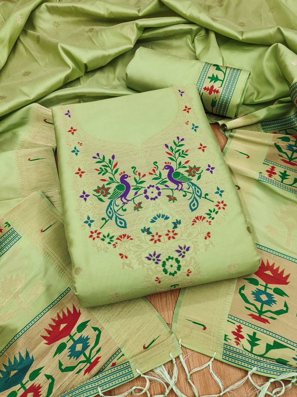Pista Green Color Paithani woven Pattern Top, Bottom & Dupatta Dress Material