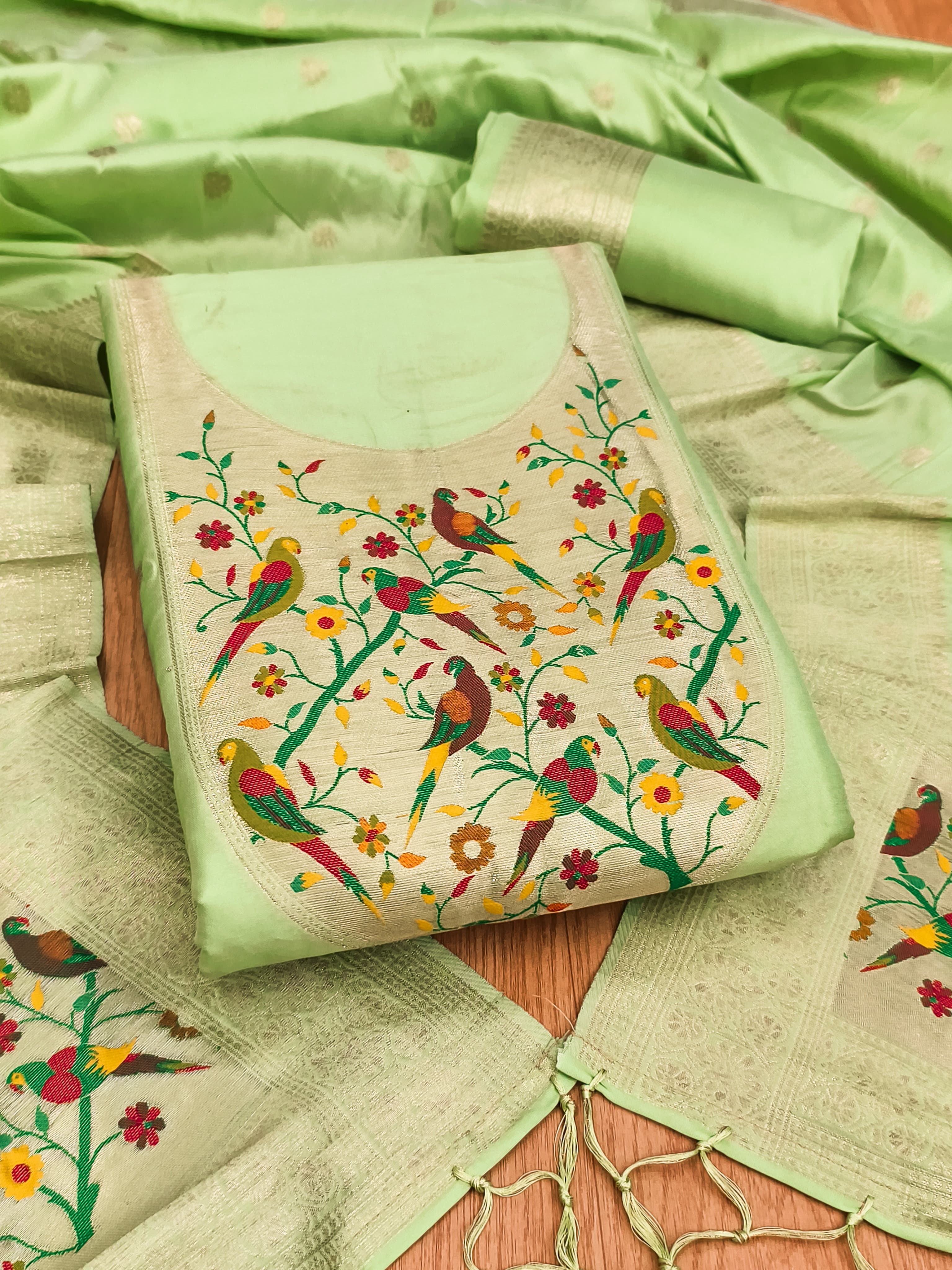 Pista Green Color Paithani woven Pattern Top, Bottom & Dupatta Dress Material