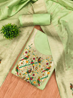 Pista Green Color Paithani woven Pattern Top, Bottom & Dupatta Dress Material
