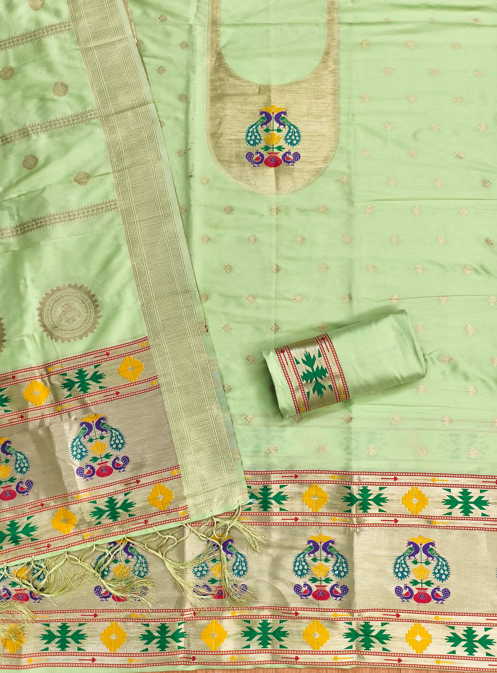 Pista Green Color Paithani woven Pattern Top, Bottom & Dupatta Dress Material