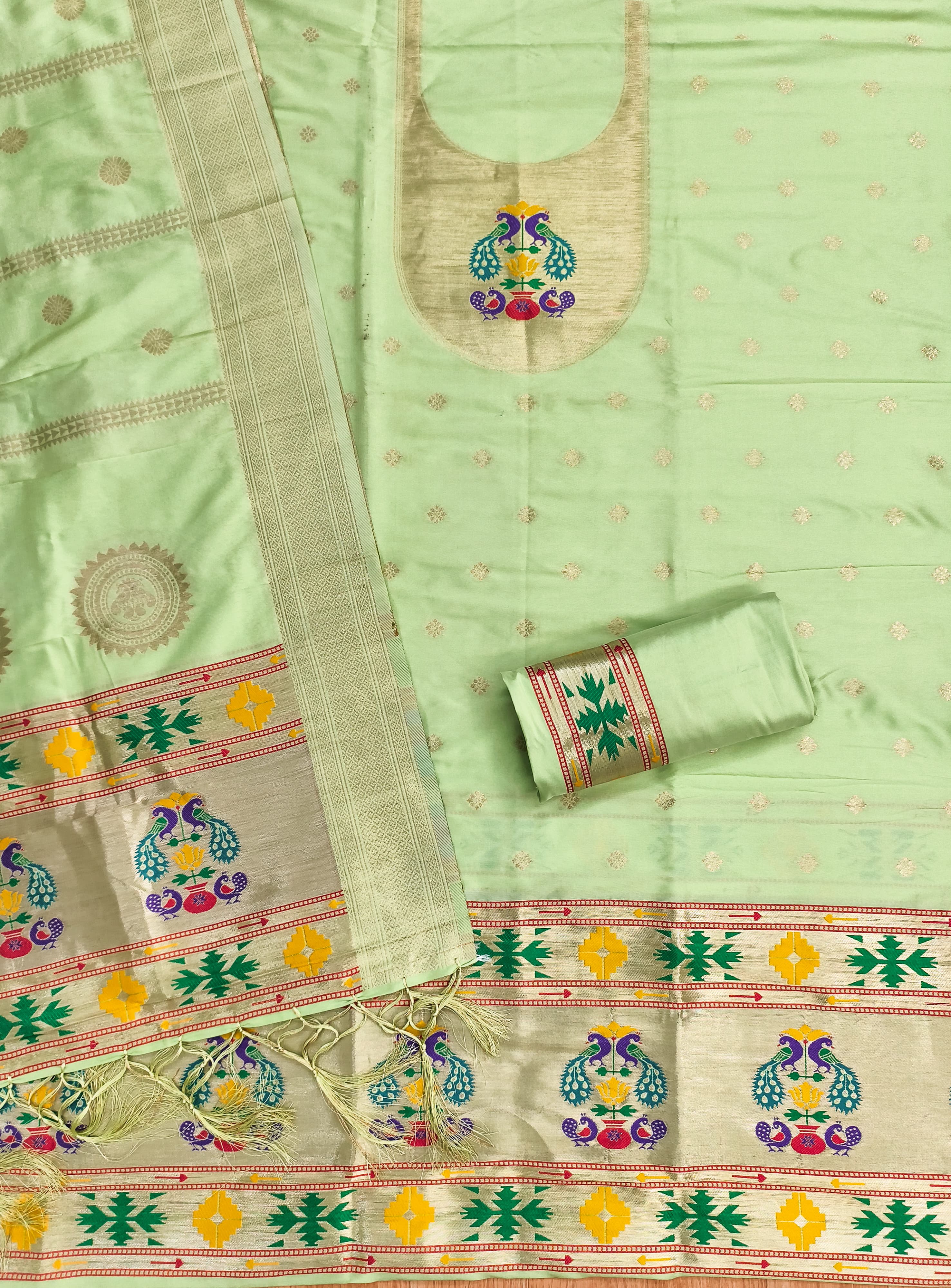 Pista Green Color Paithani woven Pattern Top, Bottom & Dupatta Dress Material