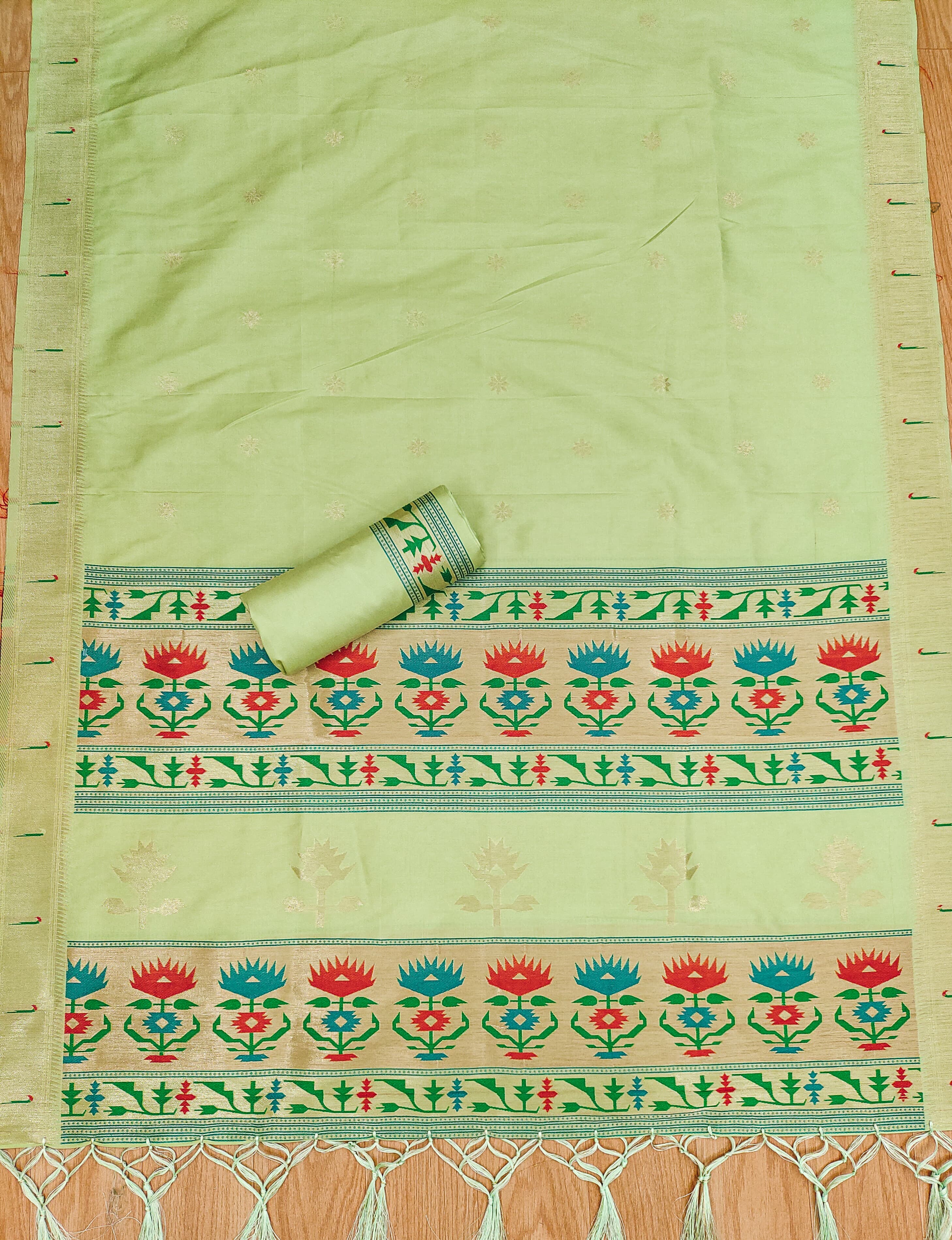 Pista Green Color Paithani woven Pattern Top, Bottom & Dupatta Dress Material