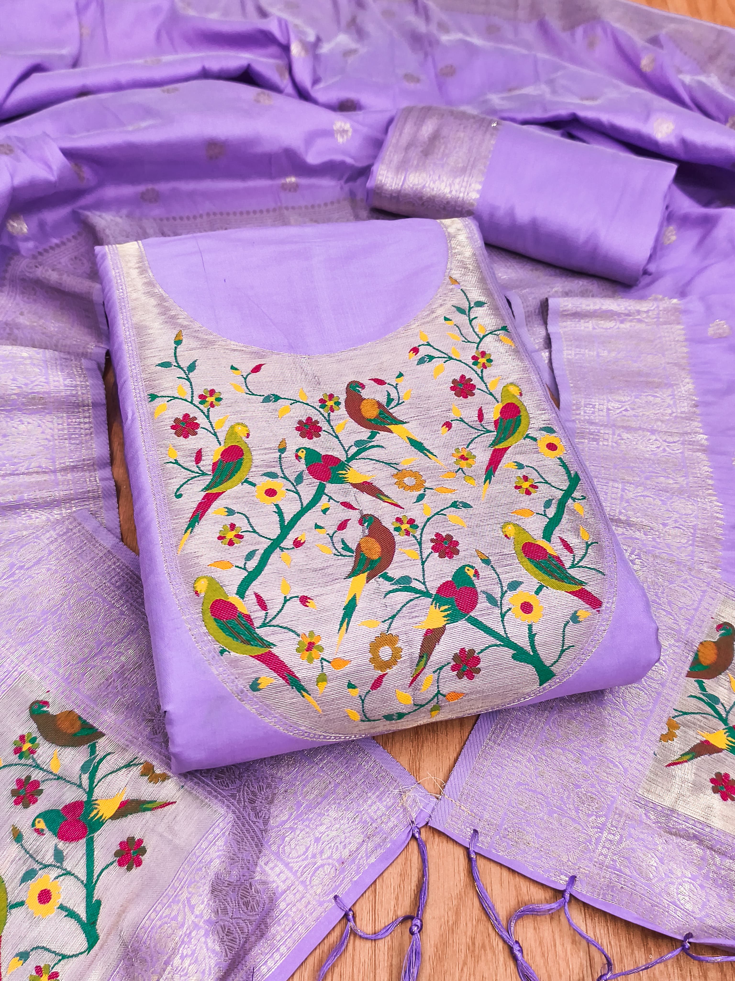 Purple Color Paithani woven Pattern Top, Bottom & Dupatta Dress Material