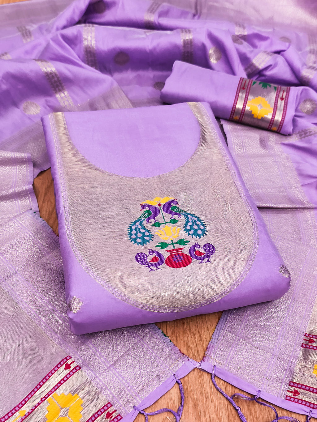 Purple Color Paithani woven Pattern Top, Bottom & Dupatta Dress Material