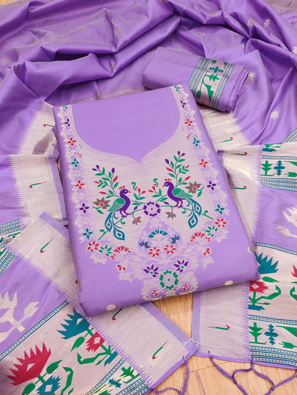 Purple Color Paithani woven Pattern Top, Bottom & Dupatta Dress Material