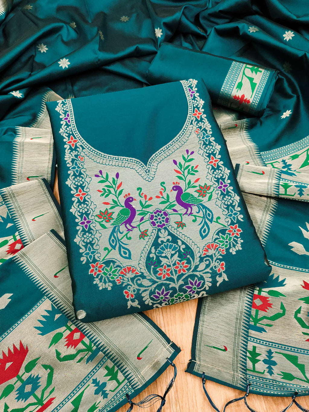 Teal Color Paithani woven Pattern Top, Bottom & Dupatta Dress Material
