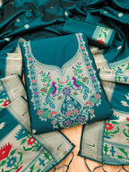Teal Color Paithani woven Pattern Top, Bottom & Dupatta Dress Material