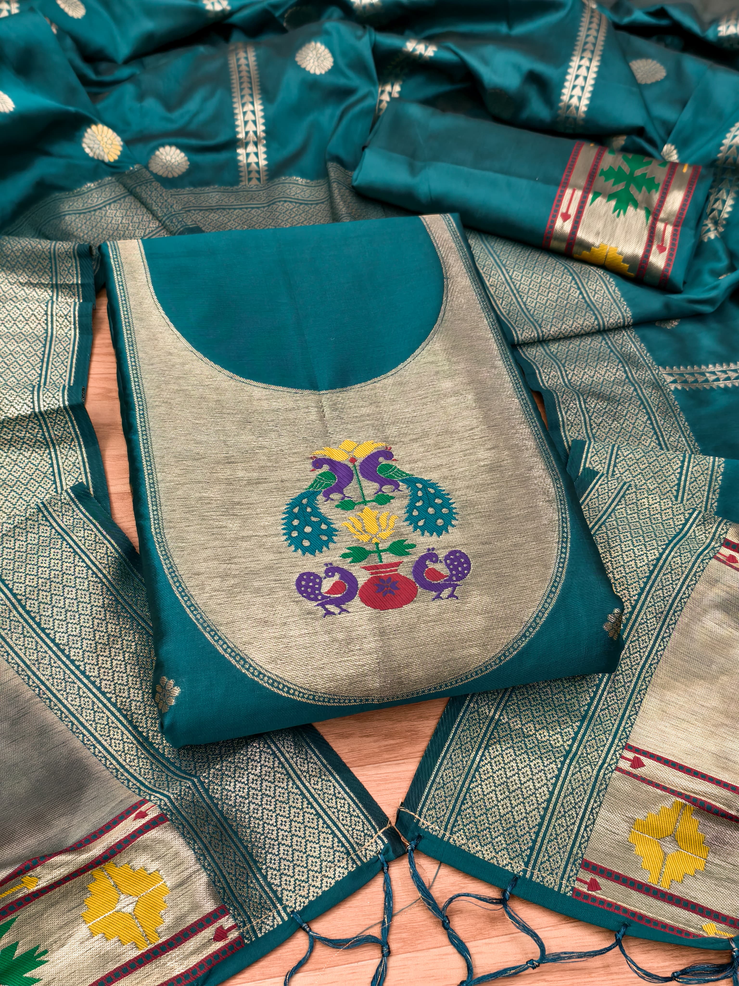 Teal Color Paithani woven Pattern Top, Bottom & Dupatta Dress Material