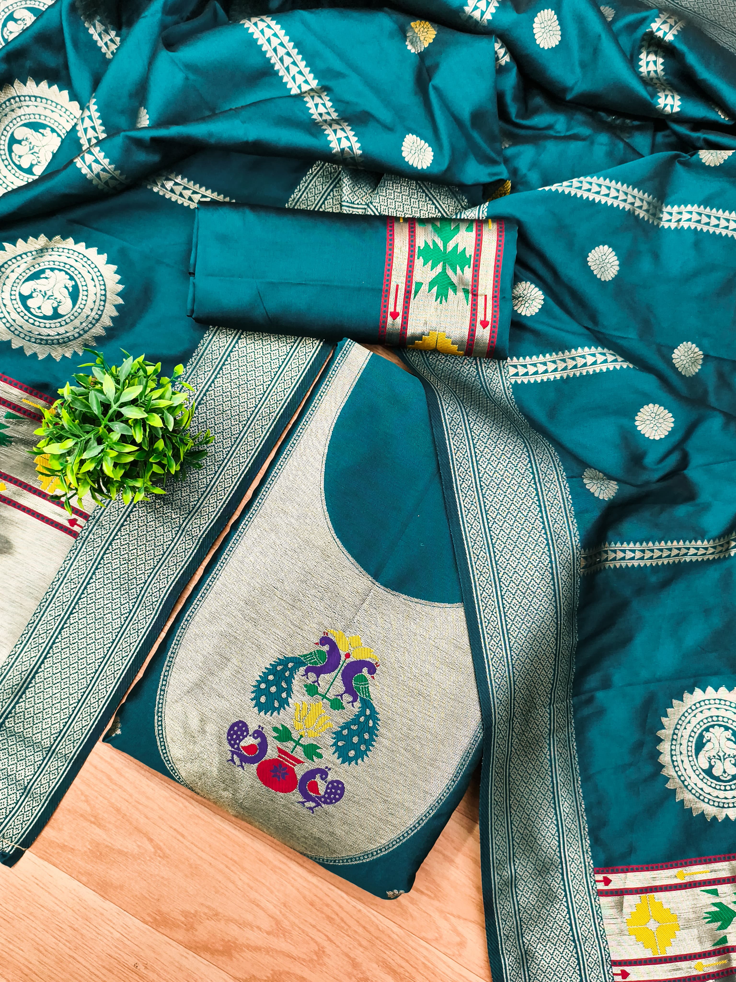 Teal Color Paithani woven Pattern Top, Bottom & Dupatta Dress Material
