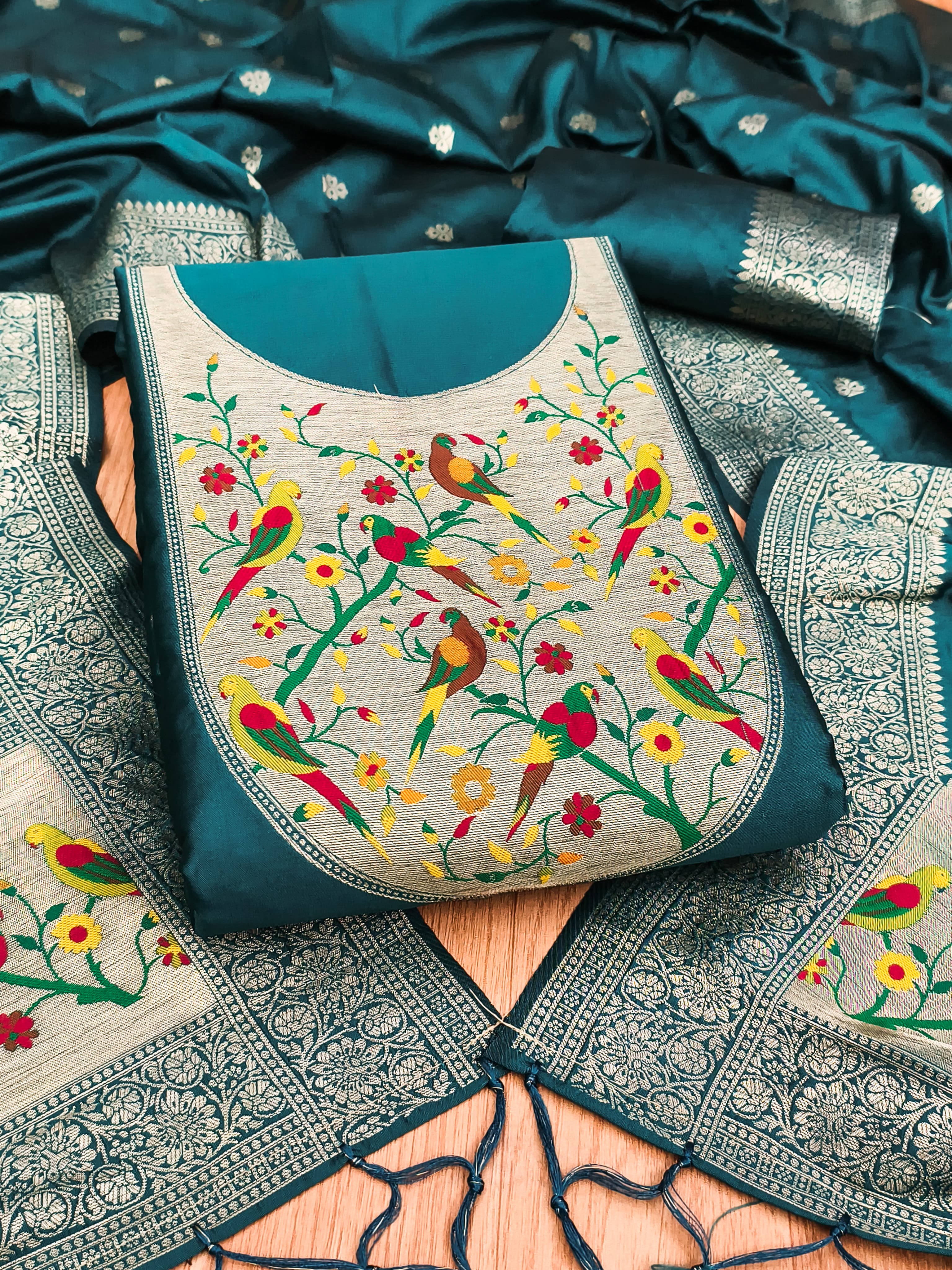 Teal Color Paithani woven Pattern Top, Bottom & Dupatta Dress Material