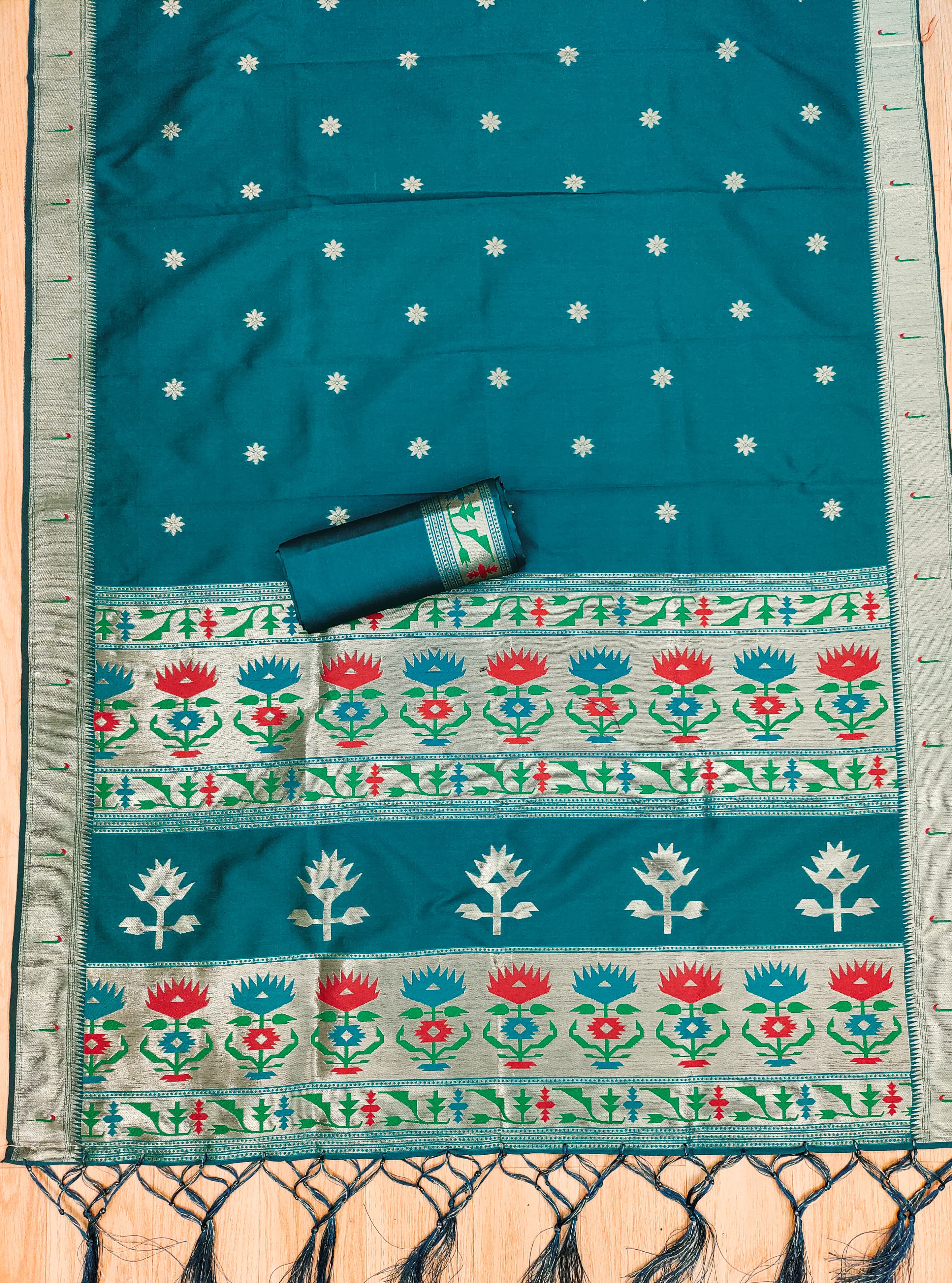Teal Color Paithani woven Pattern Top, Bottom & Dupatta Dress Material