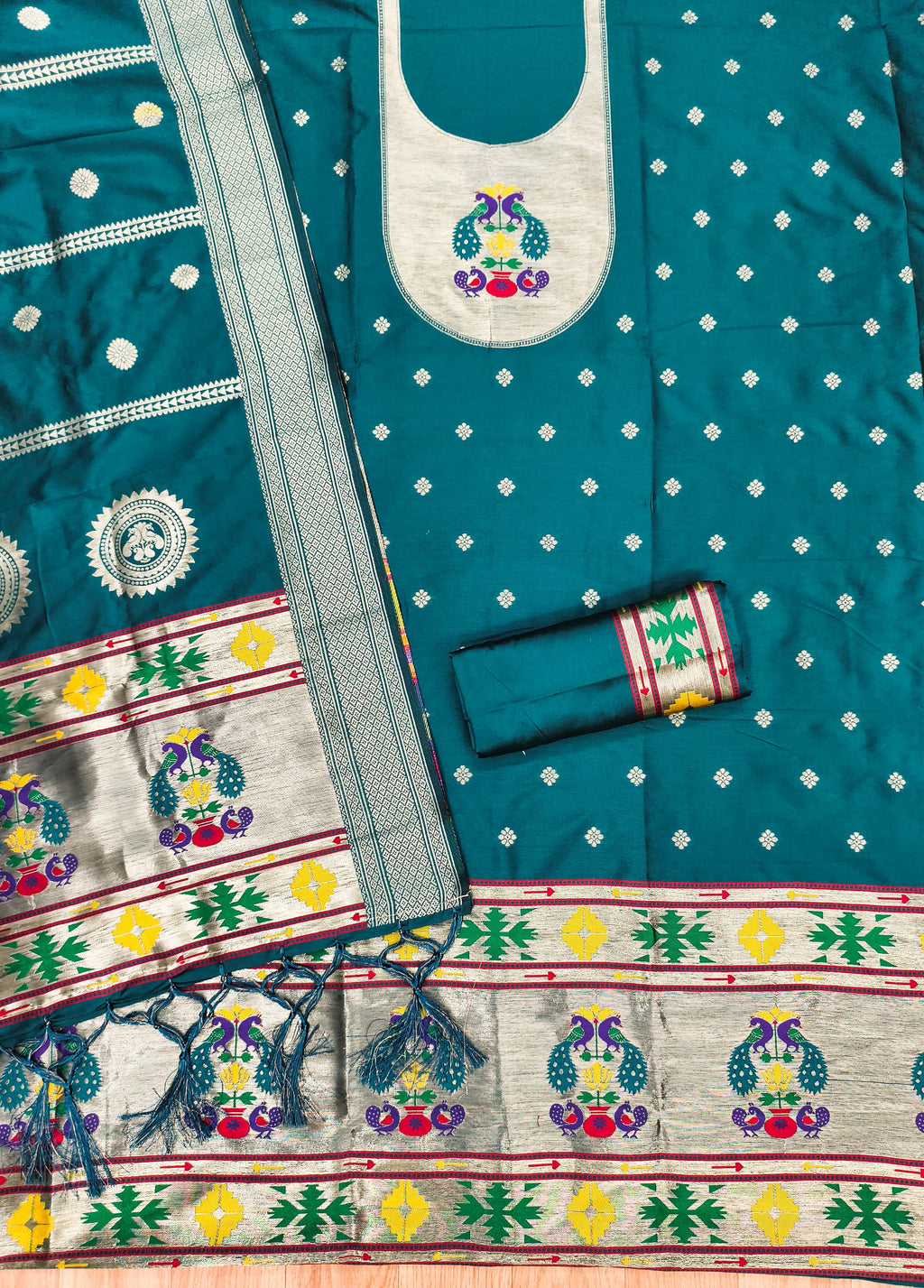 Teal Color Paithani woven Pattern Top, Bottom & Dupatta Dress Material