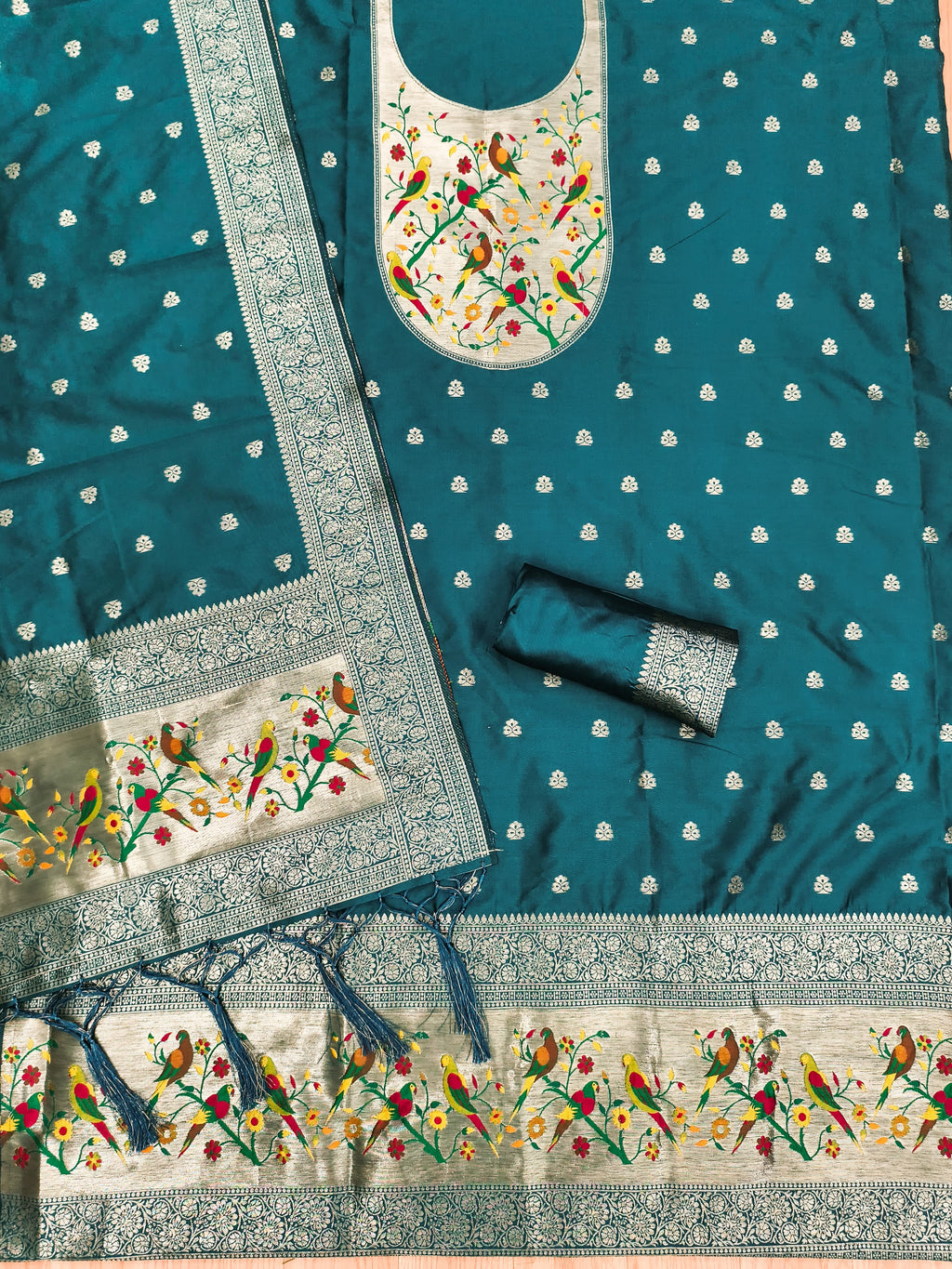 Teal Color Paithani woven Pattern Top, Bottom & Dupatta Dress Material