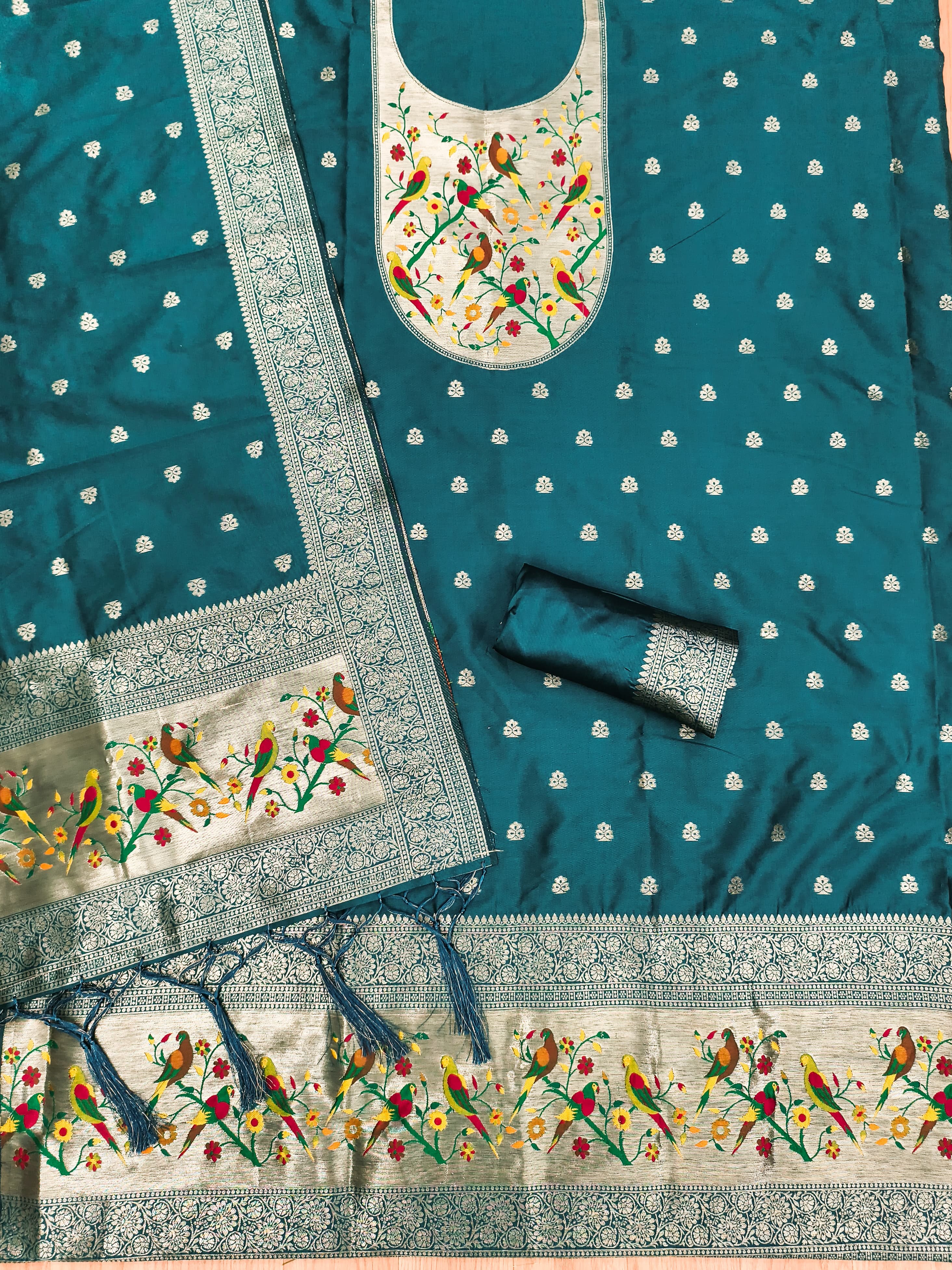Teal Color Paithani woven Pattern Top, Bottom & Dupatta Dress Material