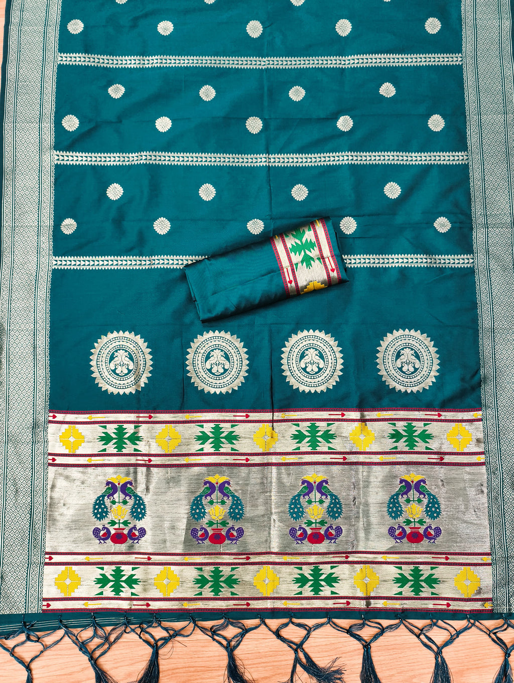 Teal Color Paithani woven Pattern Top, Bottom & Dupatta Dress Material