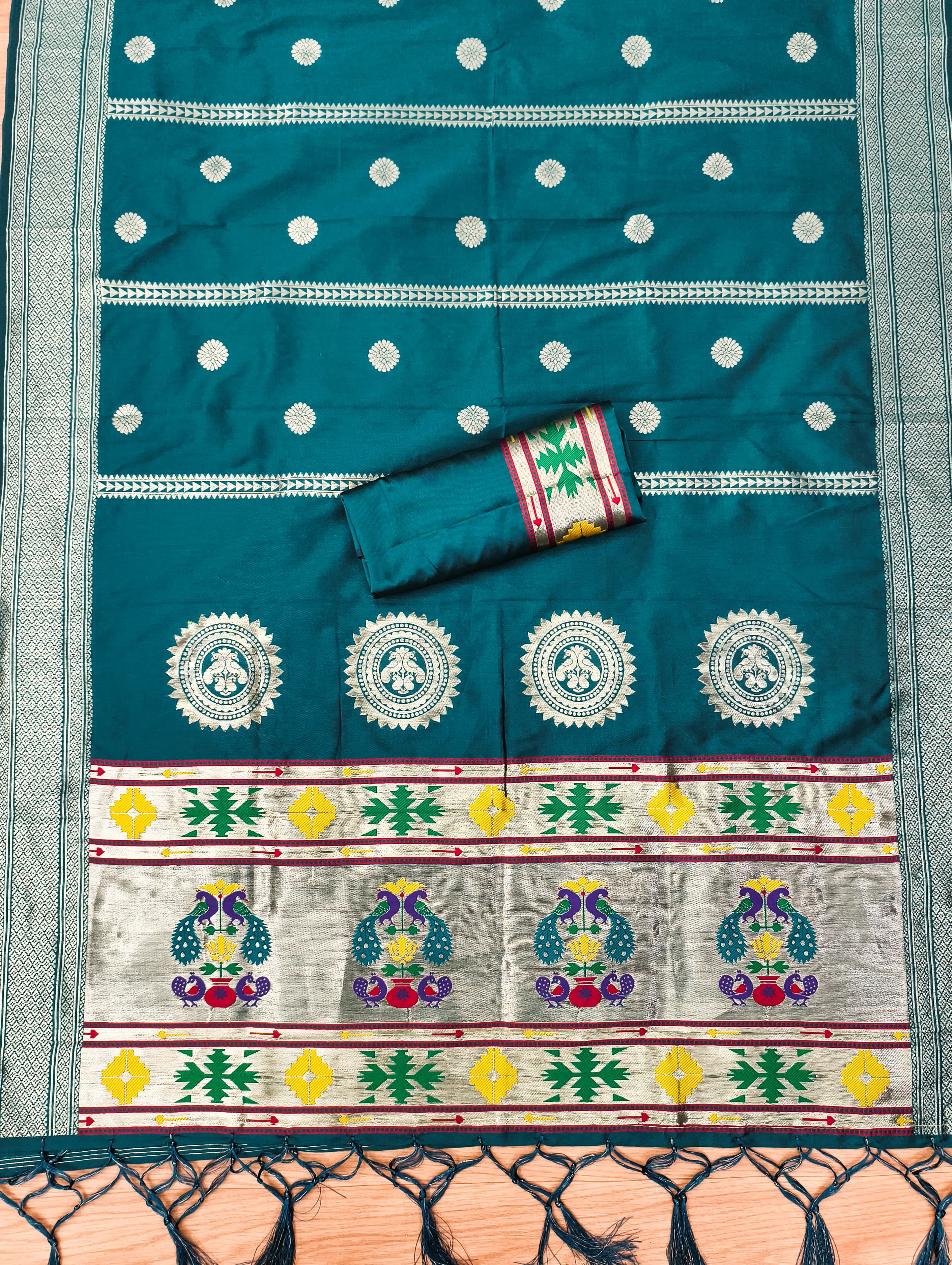 Teal Color Paithani woven Pattern Top, Bottom & Dupatta Dress Material