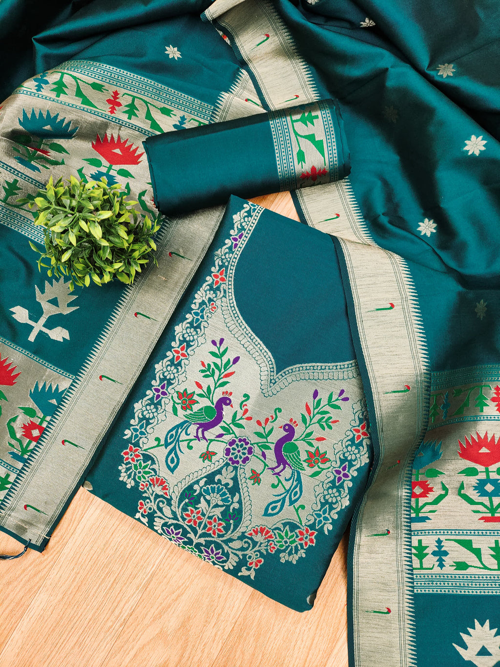 Teal Color Paithani woven Pattern Top, Bottom & Dupatta Dress Material