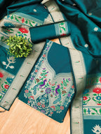 Teal Color Paithani woven Pattern Top, Bottom & Dupatta Dress Material