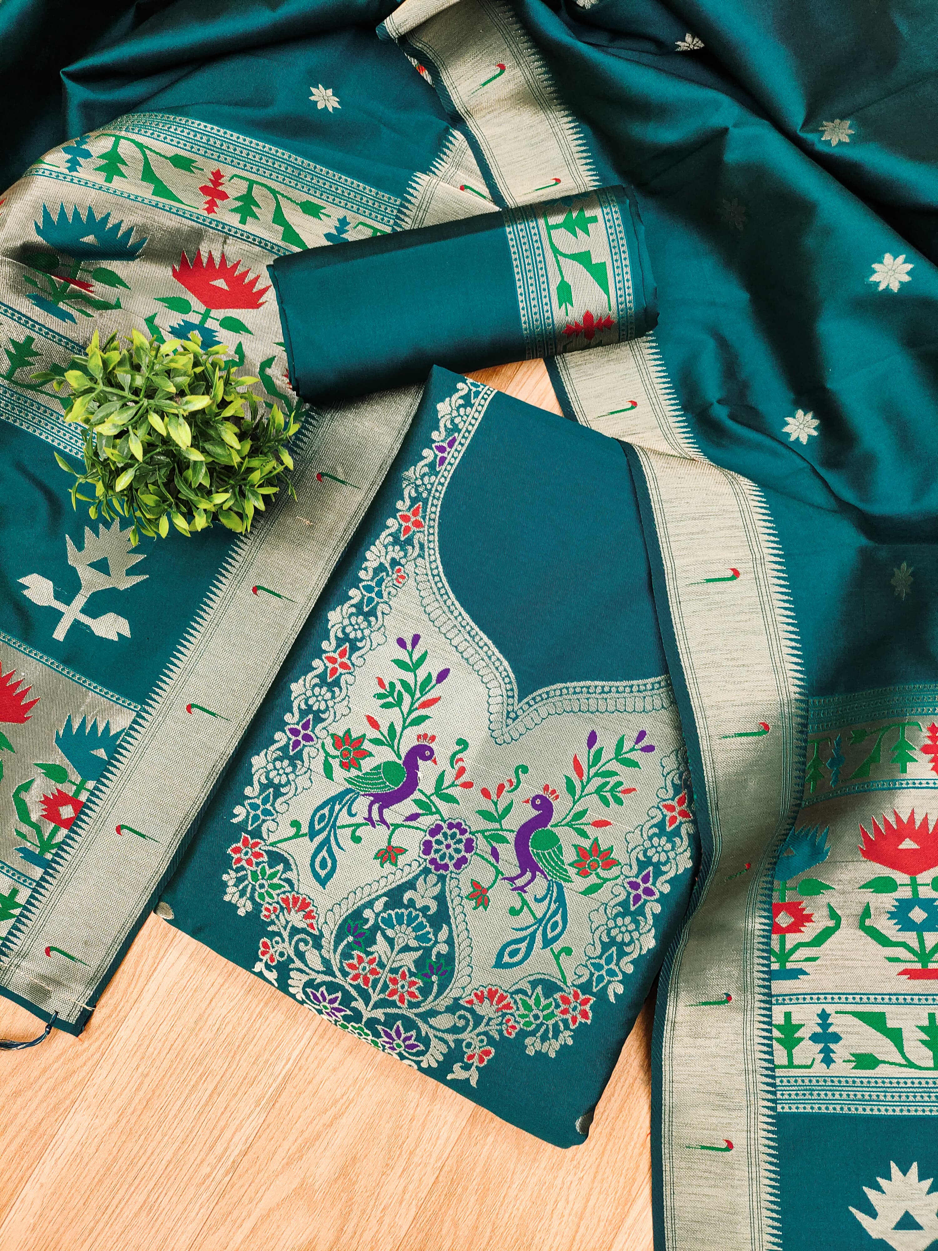 Teal Color Paithani woven Pattern Top, Bottom & Dupatta Dress Material