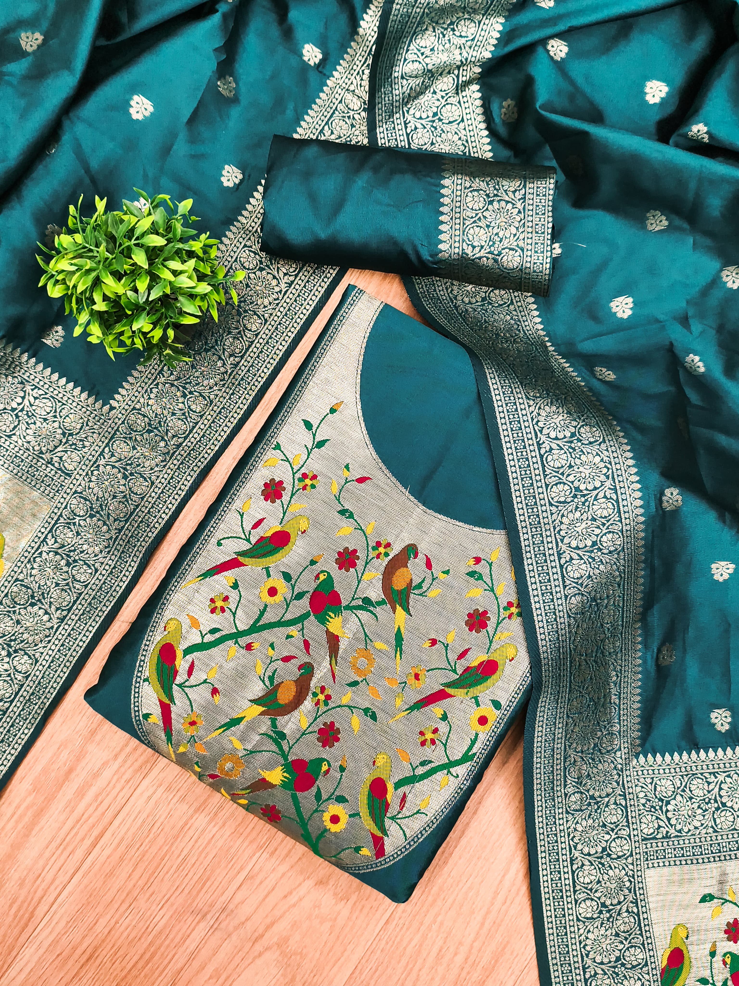 Teal Color Paithani woven Pattern Top, Bottom & Dupatta Dress Material