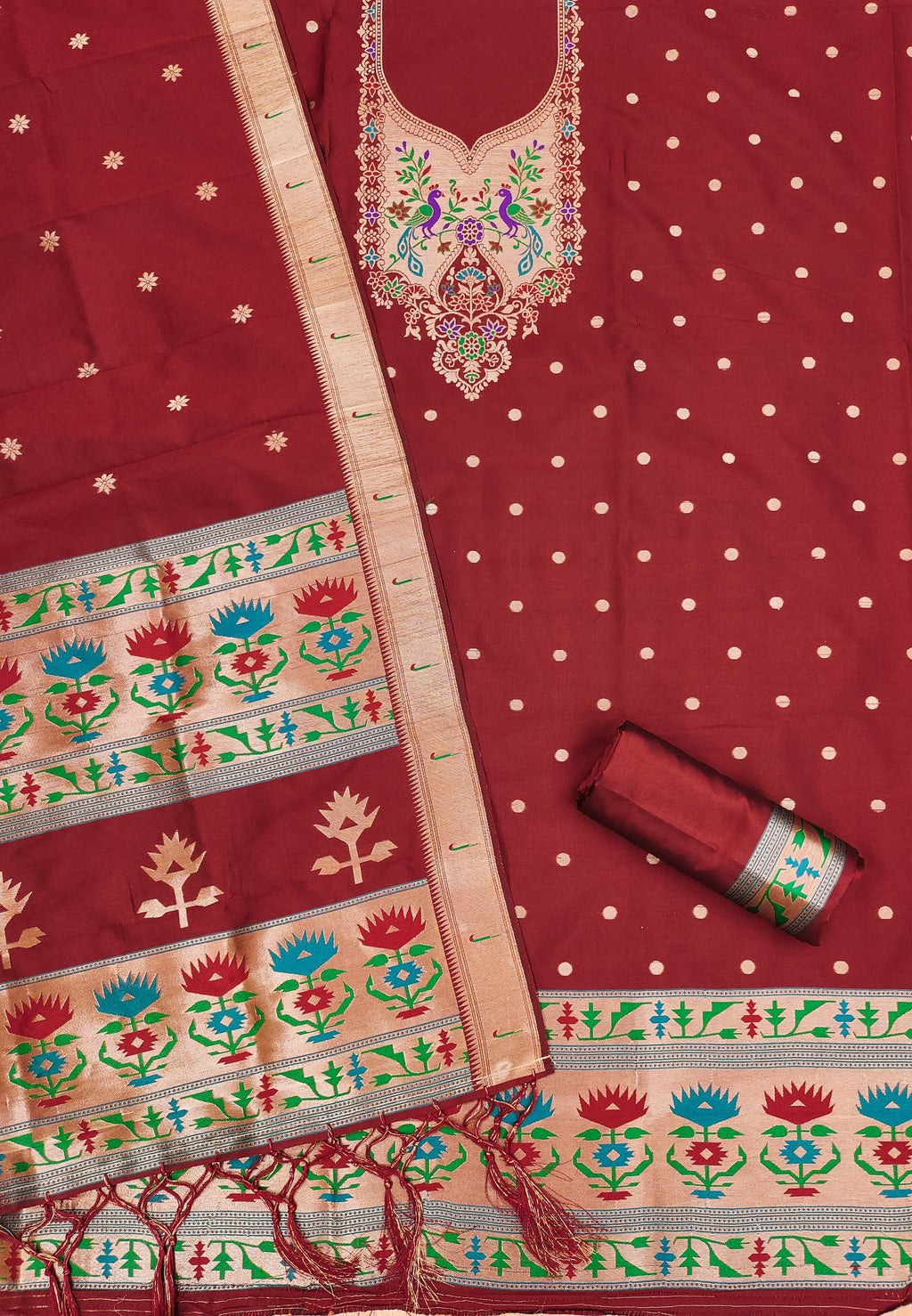 Red Color Paithani woven Pattern Top, Bottom & Dupatta Dress Material