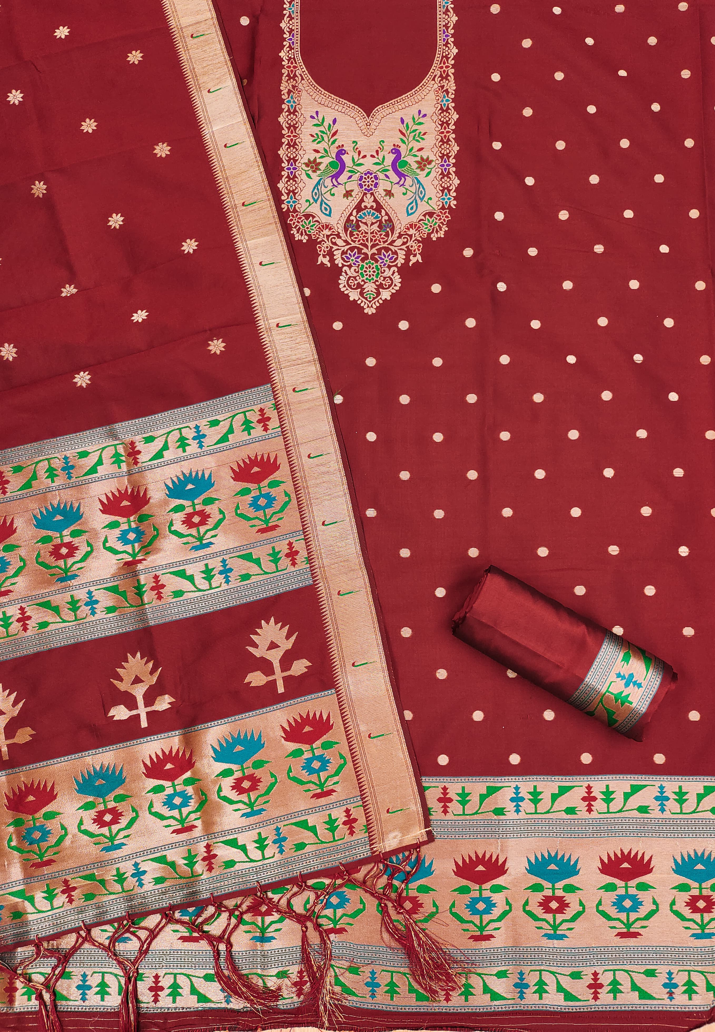 Red Color Paithani woven Pattern Top, Bottom & Dupatta Dress Material