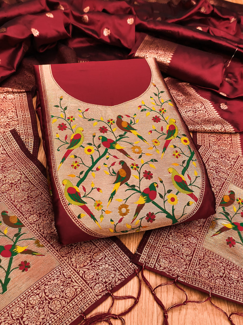 Pomegranate Color Paithani woven Pattern Top, Bottom & Dupatta Dress Material