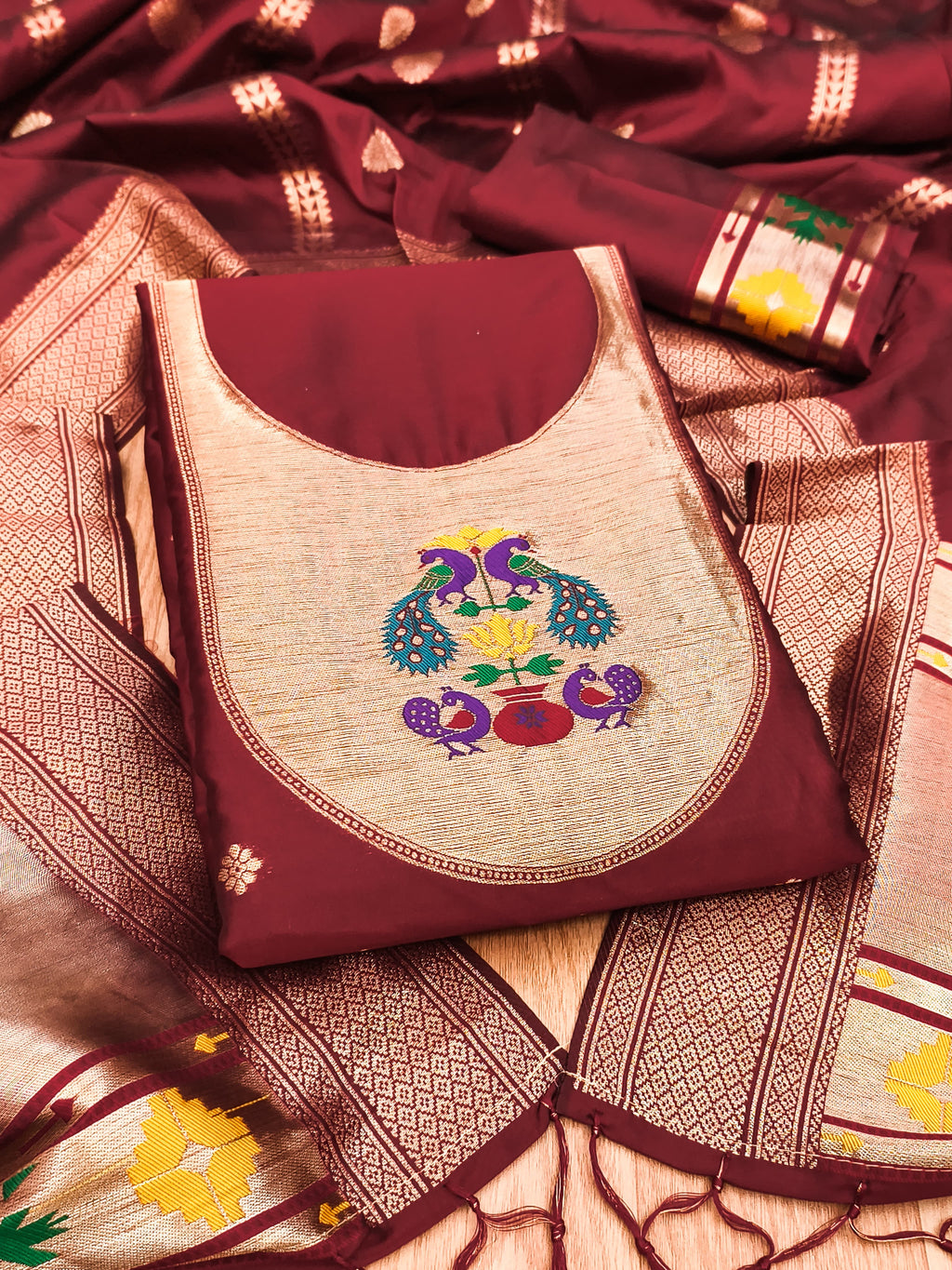 Marron Color Paithani woven Pattern Top, Bottom & Dupatta Dress Material