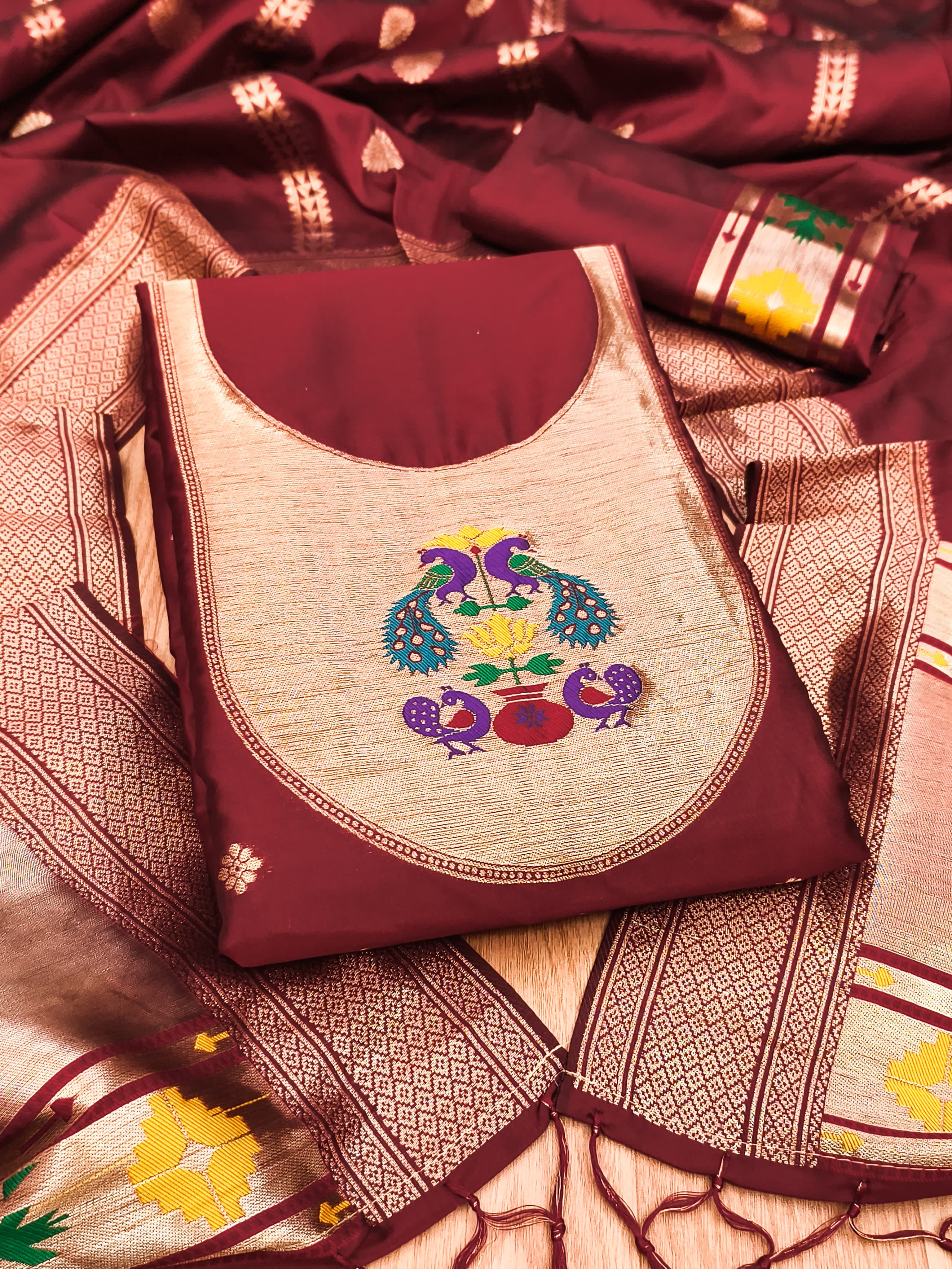 Marron Color Paithani woven Pattern Top, Bottom & Dupatta Dress Material